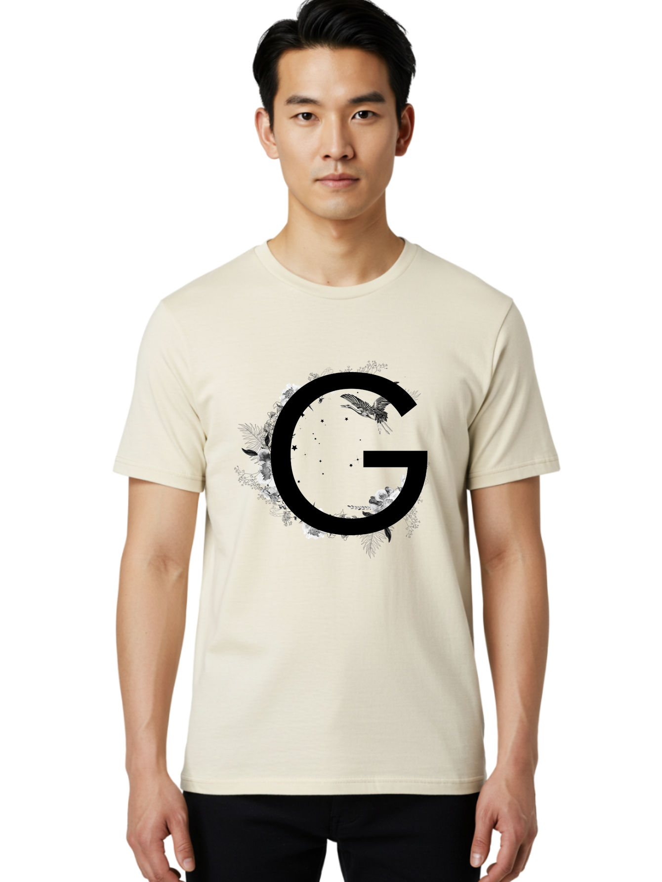 G Men'S Graphic Tee, 100% Cotton, Comfortable Casual Summer Wear, Machine Washable, Large Letter G, Floral Wreath, Black And White Flowers, Foliage, Bird In Flight, Splattered Paint, Modern Typography, Bold Font, Artistic Design, Aac318