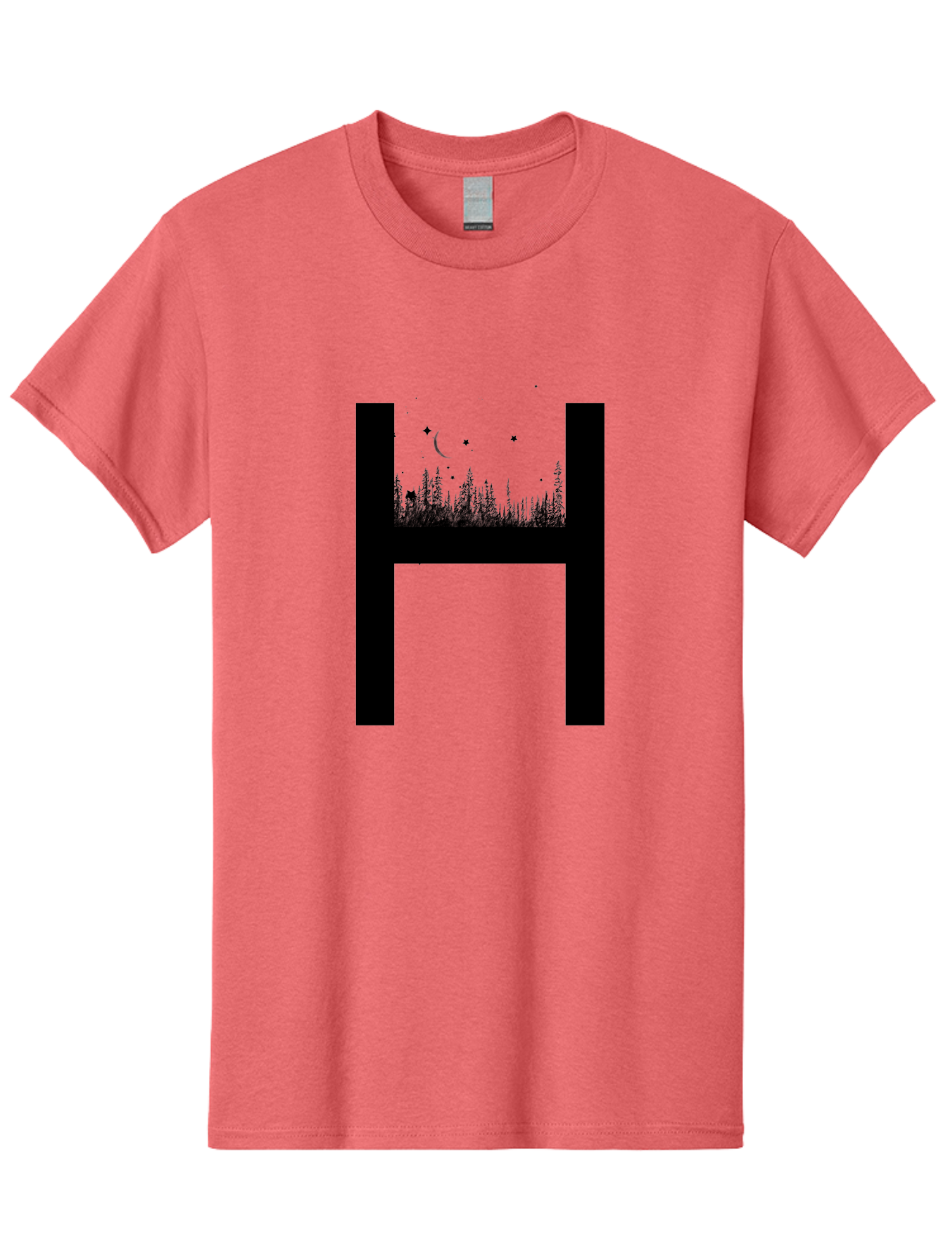 H Men'S Graphic Tee, 100% Cotton, Comfortable Casual Summer Wear, Machine Washable, Forest Landscape, Moonlit Night, Starry Sky, Mystical Atmosphere, Silhouette Art, Typography Design, Nighttime Scenery Aac319