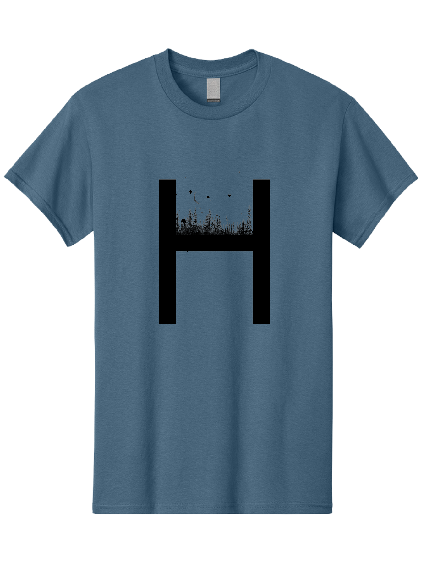 H Men'S Graphic Tee, 100% Cotton, Comfortable Casual Summer Wear, Machine Washable, Forest Landscape, Moonlit Night, Starry Sky, Mystical Atmosphere, Silhouette Art, Typography Design, Nighttime Scenery Aac319