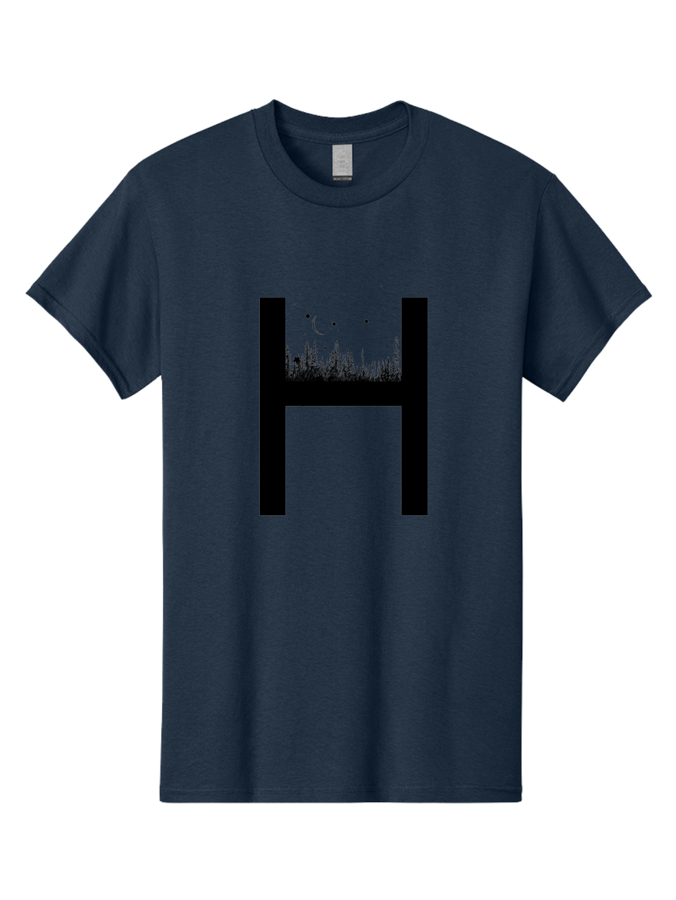 H Men'S Graphic Tee, 100% Cotton, Comfortable Casual Summer Wear, Machine Washable, Forest Landscape, Moonlit Night, Starry Sky, Mystical Atmosphere, Silhouette Art, Typography Design, Nighttime Scenery Aac319