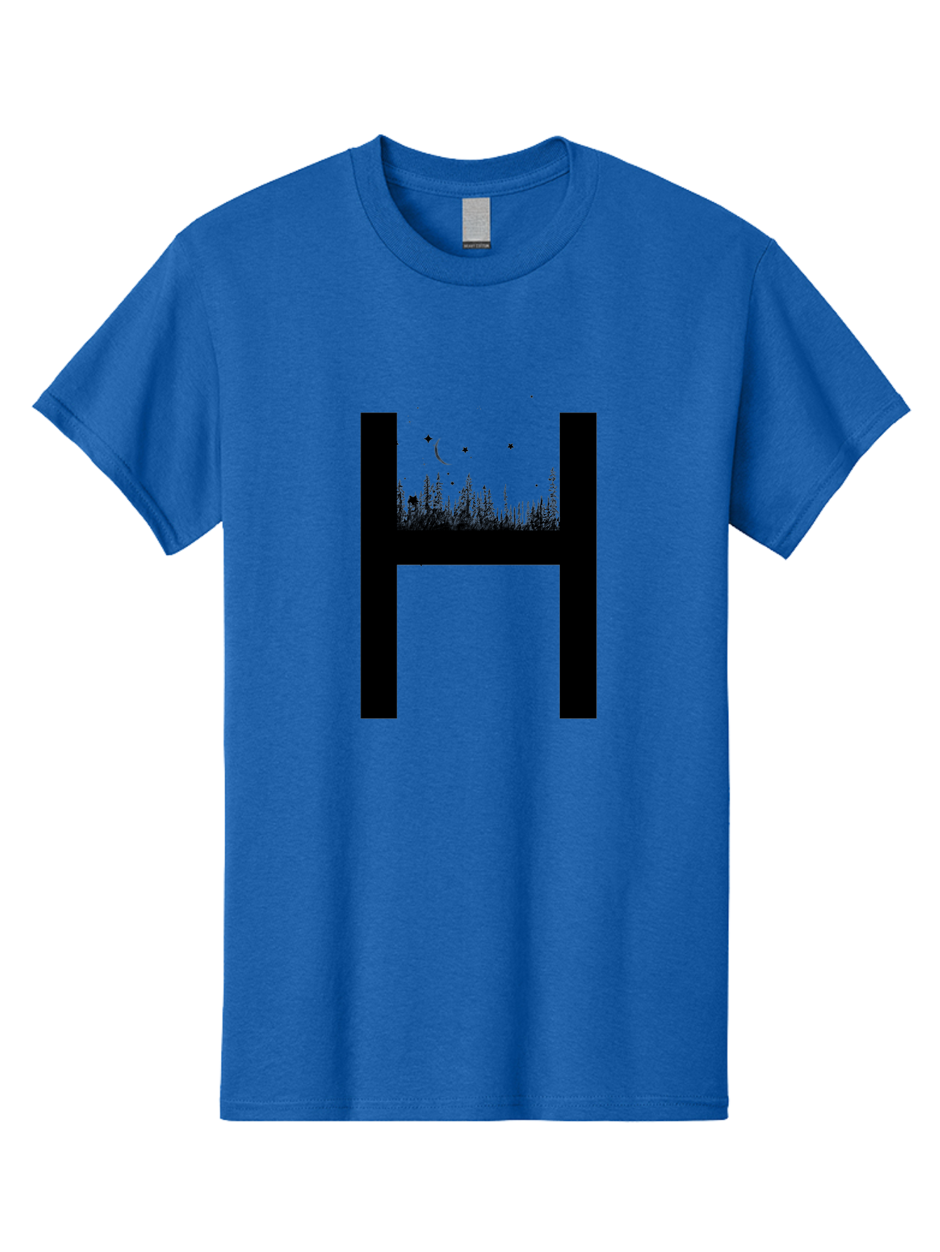 H Men'S Graphic Tee, 100% Cotton, Comfortable Casual Summer Wear, Machine Washable, Forest Landscape, Moonlit Night, Starry Sky, Mystical Atmosphere, Silhouette Art, Typography Design, Nighttime Scenery Aac319