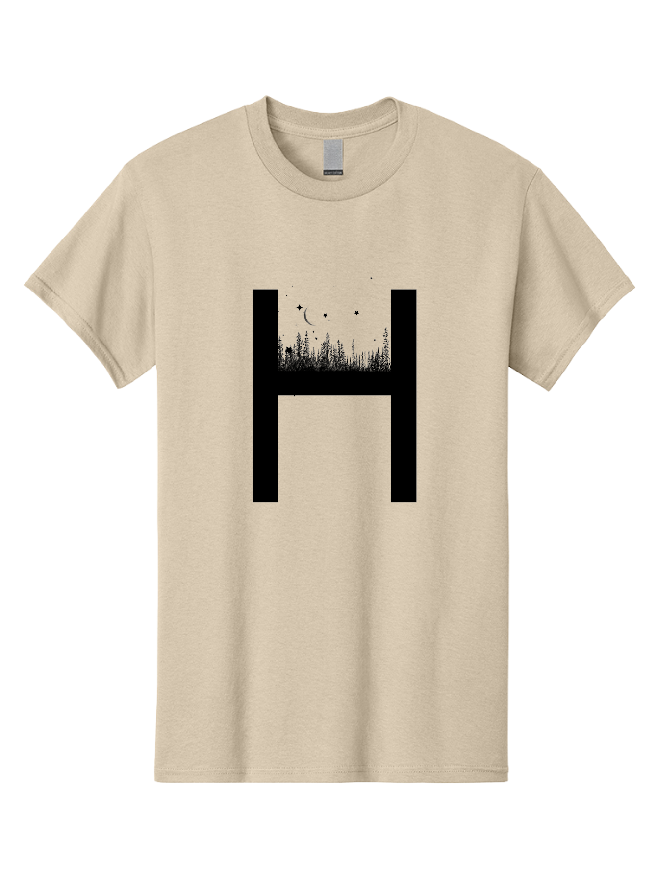 H Men'S Graphic Tee, 100% Cotton, Comfortable Casual Summer Wear, Machine Washable, Forest Landscape, Moonlit Night, Starry Sky, Mystical Atmosphere, Silhouette Art, Typography Design, Nighttime Scenery Aac319