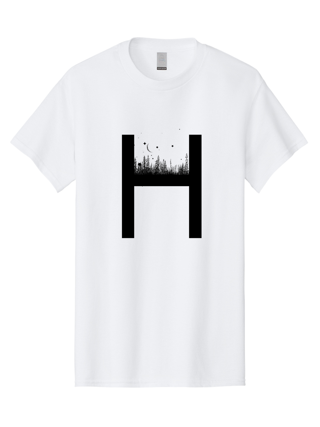 H Men'S Graphic Tee, 100% Cotton, Comfortable Casual Summer Wear, Machine Washable, Forest Landscape, Moonlit Night, Starry Sky, Mystical Atmosphere, Silhouette Art, Typography Design, Nighttime Scenery Aac319