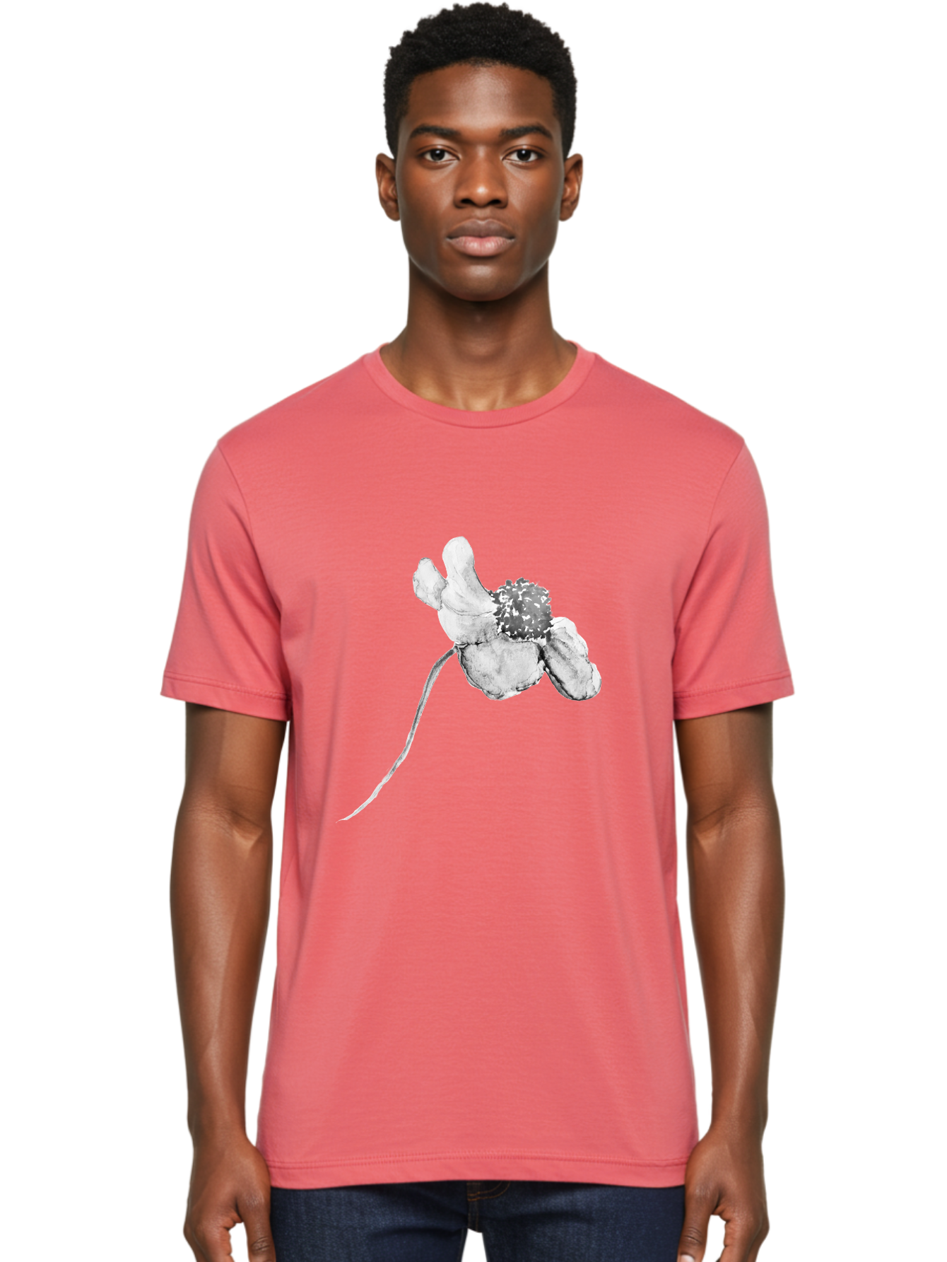 Hand-Drawn-Mouse Men'S Graphic Tee, 100% Cotton, Comfortable Casual Summer Wear, Machine Washable, White Flower, Minimalist Design, Simple Graphics, Digital Illustration, Flower Graphic, Elegant, Modern Art, Clean Lines, Abstract Flower Aac320