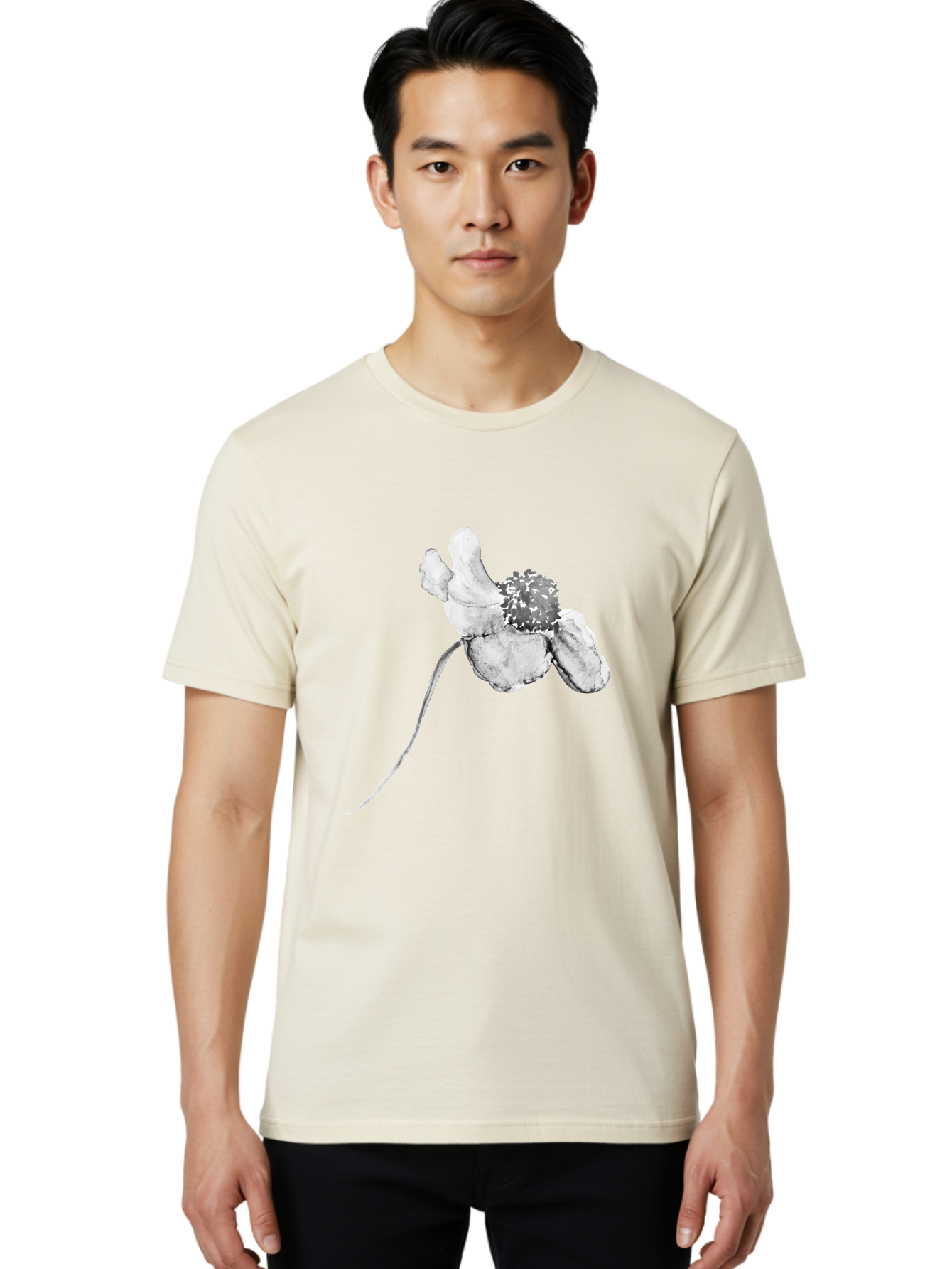 Hand-Drawn-Mouse Men'S Graphic Tee, 100% Cotton, Comfortable Casual Summer Wear, Machine Washable, White Flower, Minimalist Design, Simple Graphics, Digital Illustration, Flower Graphic, Elegant, Modern Art, Clean Lines, Abstract Flower Aac320