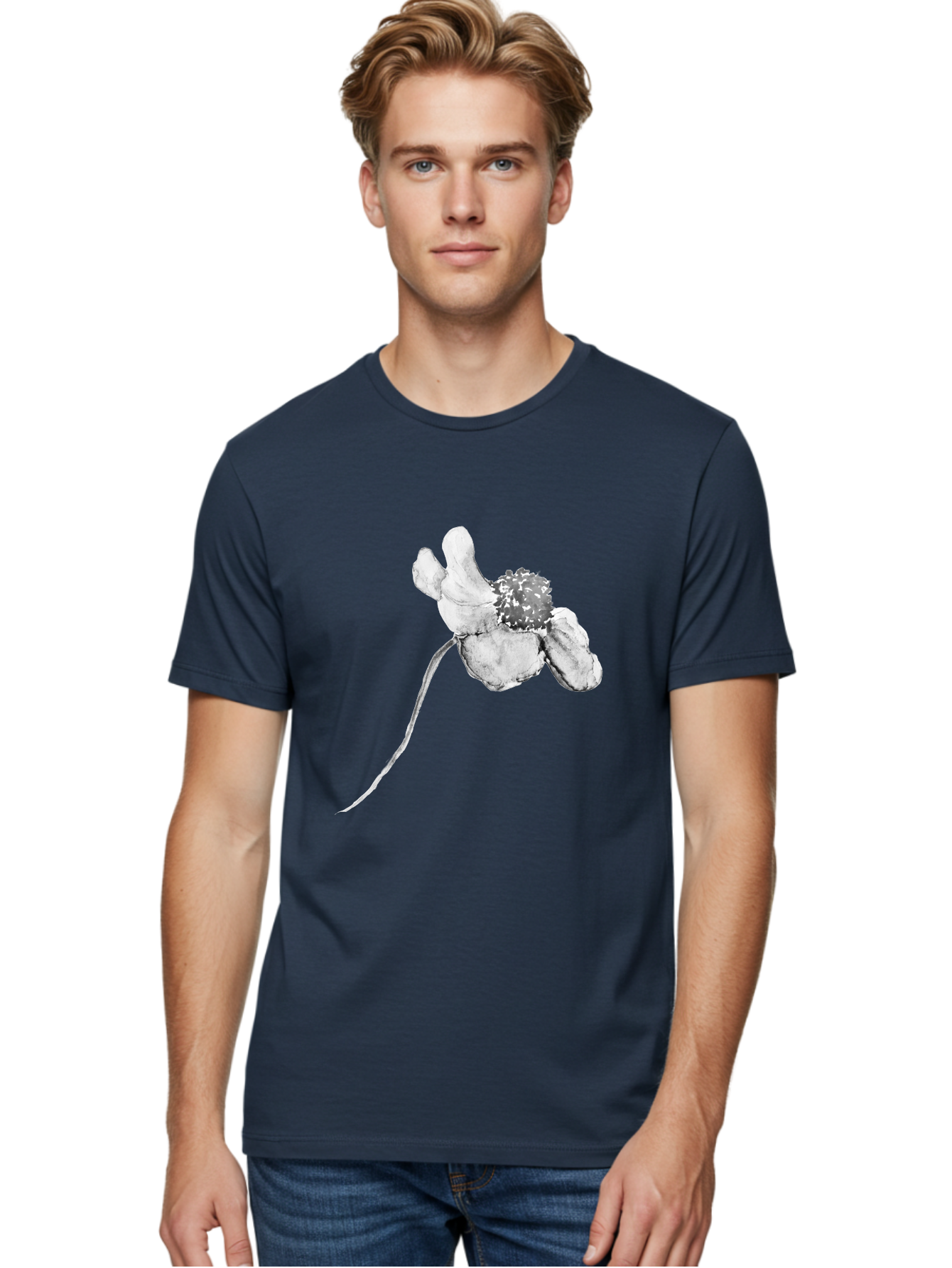 Hand-Drawn-Mouse Men'S Graphic Tee, 100% Cotton, Comfortable Casual Summer Wear, Machine Washable, White Flower, Minimalist Design, Simple Graphics, Digital Illustration, Flower Graphic, Elegant, Modern Art, Clean Lines, Abstract Flower Aac320