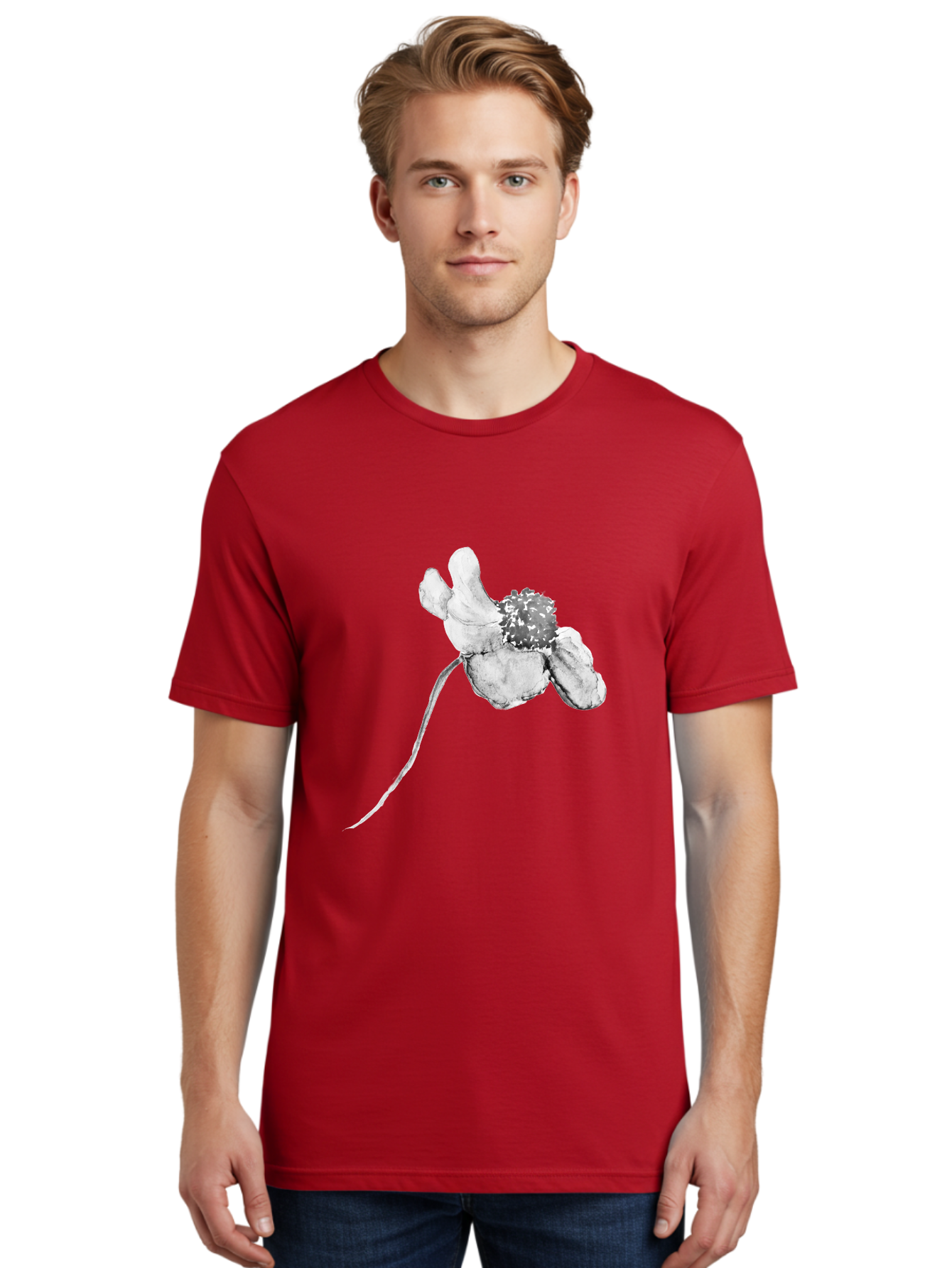 Hand-Drawn-Mouse Men'S Graphic Tee, 100% Cotton, Comfortable Casual Summer Wear, Machine Washable, White Flower, Minimalist Design, Simple Graphics, Digital Illustration, Flower Graphic, Elegant, Modern Art, Clean Lines, Abstract Flower Aac320