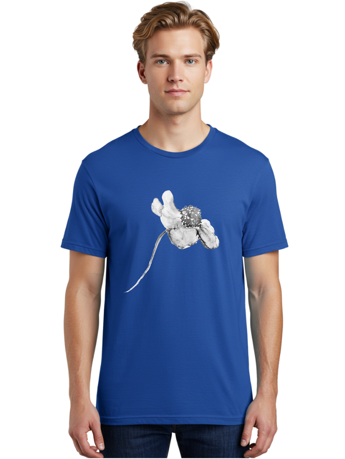 Hand-Drawn-Mouse Men'S Graphic Tee, 100% Cotton, Comfortable Casual Summer Wear, Machine Washable, White Flower, Minimalist Design, Simple Graphics, Digital Illustration, Flower Graphic, Elegant, Modern Art, Clean Lines, Abstract Flower Aac320