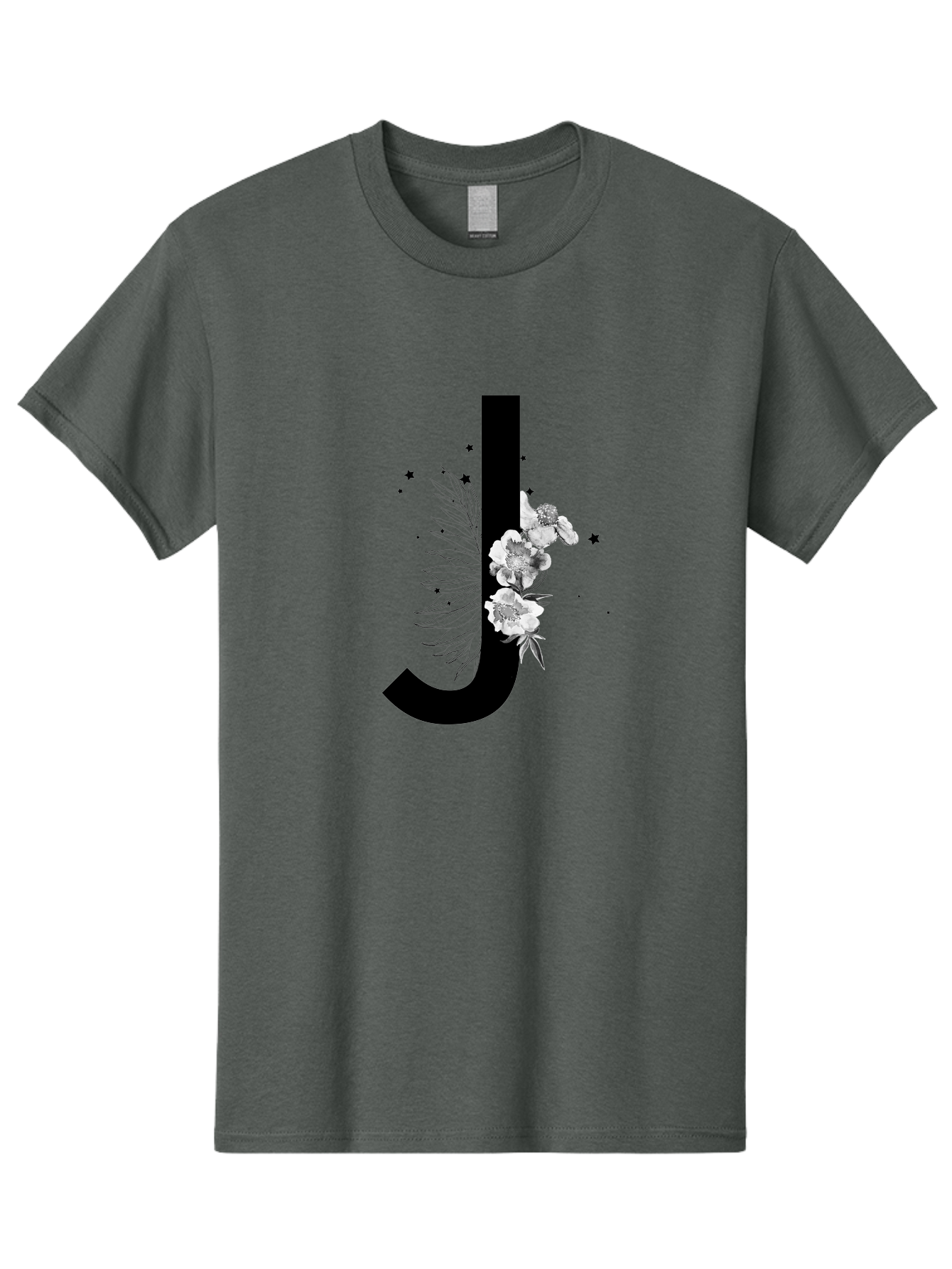 J Men'S Graphic Tee, 100% Cotton, Comfortable Casual Summer Wear, Machine Washable, Black Letter J, Floral Design, White Flowers, Artistic Typography, Elegant Lettering, Decorative Alphabet, Floral Arrangement, Creative Graphics, Aac328