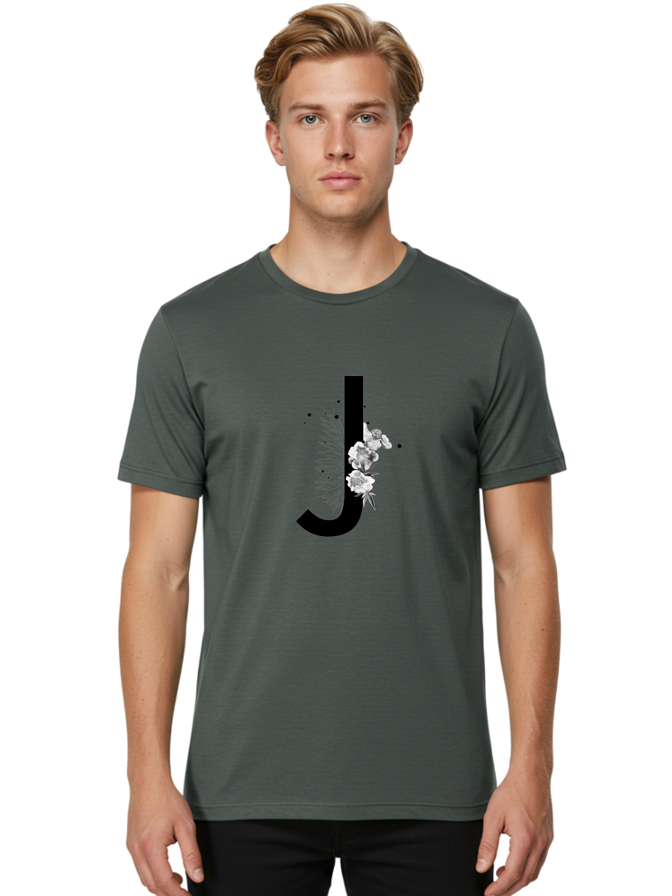 J Men'S Graphic Tee, 100% Cotton, Comfortable Casual Summer Wear, Machine Washable, Black Letter J, Floral Design, White Flowers, Artistic Typography, Elegant Lettering, Decorative Alphabet, Floral Arrangement, Creative Graphics, Aac328