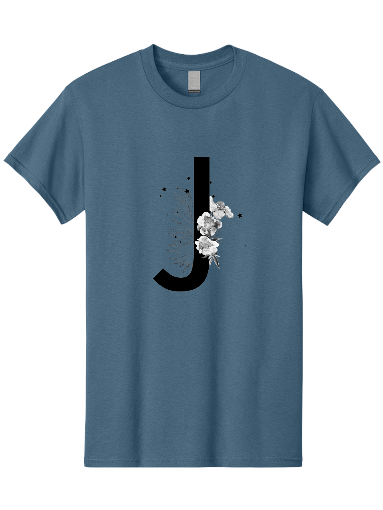 J Men'S Graphic Tee, 100% Cotton, Comfortable Casual Summer Wear, Machine Washable, Black Letter J, Floral Design, White Flowers, Artistic Typography, Elegant Lettering, Decorative Alphabet, Floral Arrangement, Creative Graphics, Aac328