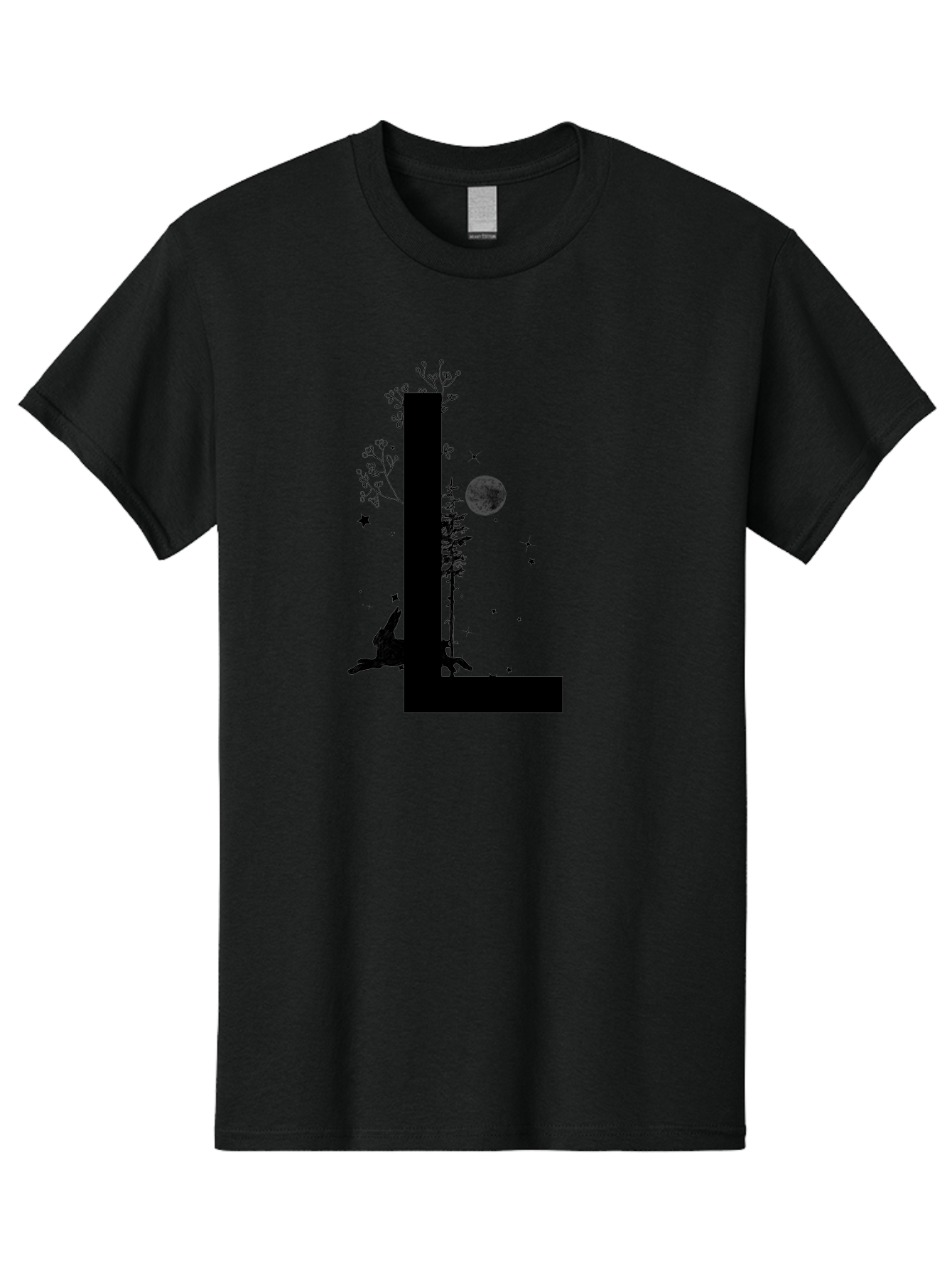 L Men'S Graphic Tee, 100% Cotton, Comfortable Casual Summer Wear, Machine Washable, Silhouette Of Letter L, Mystical Atmosphere, Nighttime Scenery, Full Moon, Stars, Flowers, Abstract Art, Dreamy Landscape, Magical Realism Aac330