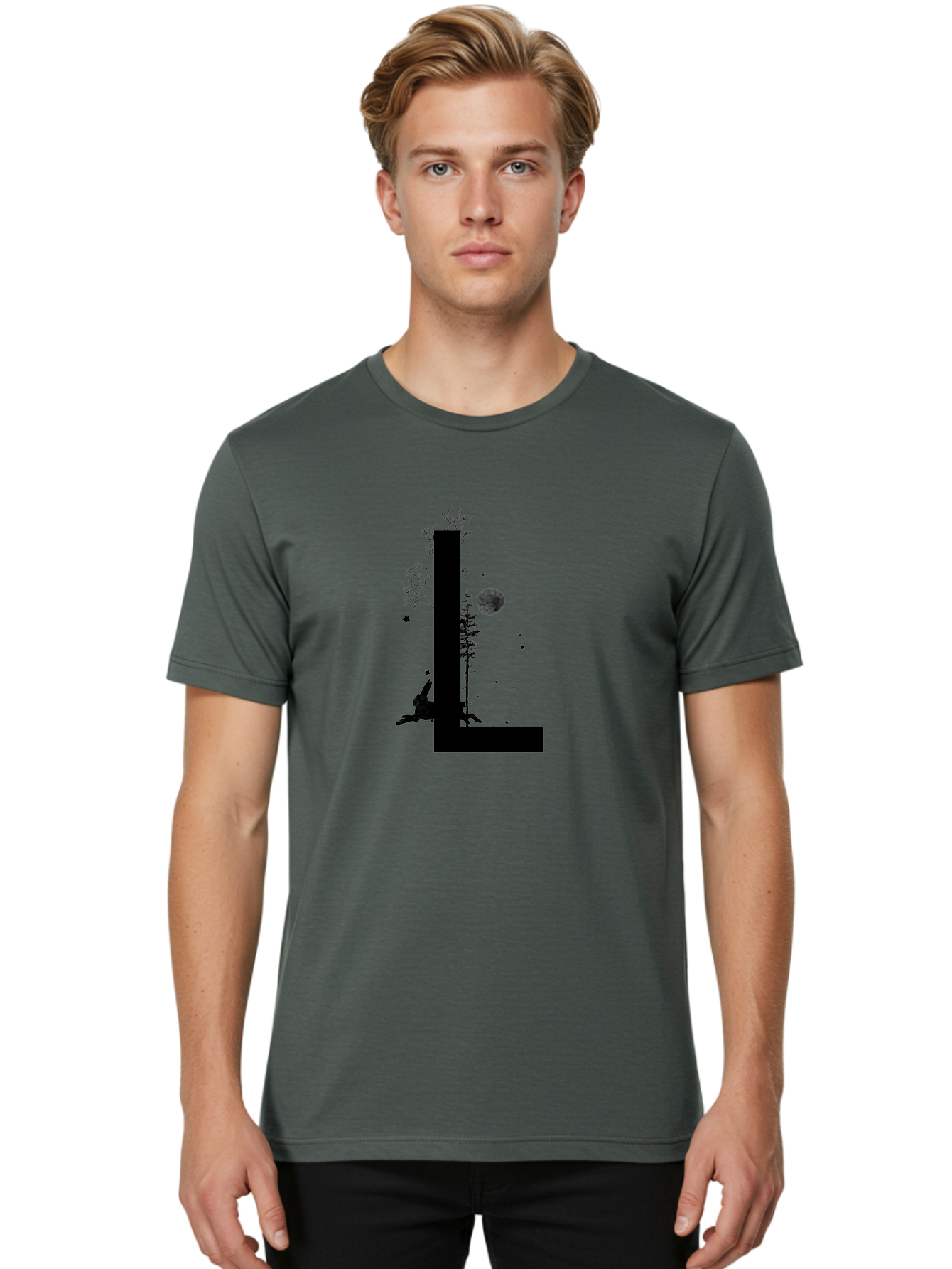 L Men'S Graphic Tee, 100% Cotton, Comfortable Casual Summer Wear, Machine Washable, Silhouette Of Letter L, Mystical Atmosphere, Nighttime Scenery, Full Moon, Stars, Flowers, Abstract Art, Dreamy Landscape, Magical Realism Aac330
