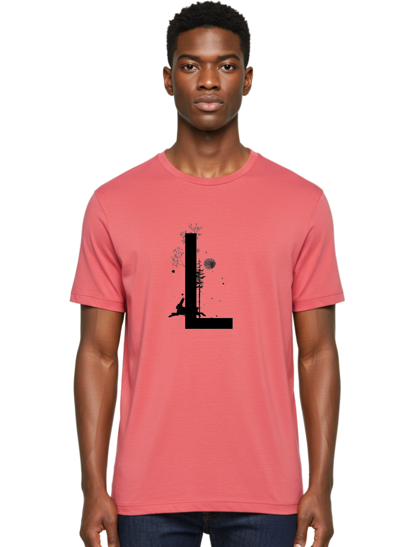 L Men'S Graphic Tee, 100% Cotton, Comfortable Casual Summer Wear, Machine Washable, Silhouette Of Letter L, Mystical Atmosphere, Nighttime Scenery, Full Moon, Stars, Flowers, Abstract Art, Dreamy Landscape, Magical Realism Aac330