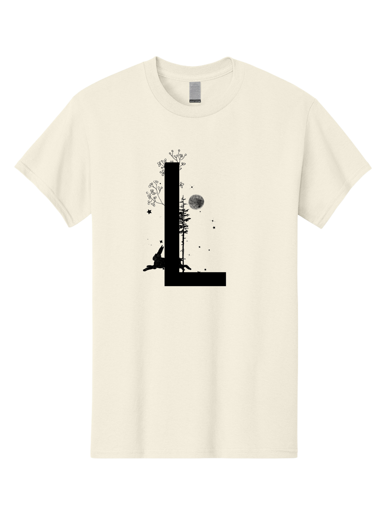 L Men'S Graphic Tee, 100% Cotton, Comfortable Casual Summer Wear, Machine Washable, Silhouette Of Letter L, Mystical Atmosphere, Nighttime Scenery, Full Moon, Stars, Flowers, Abstract Art, Dreamy Landscape, Magical Realism Aac330