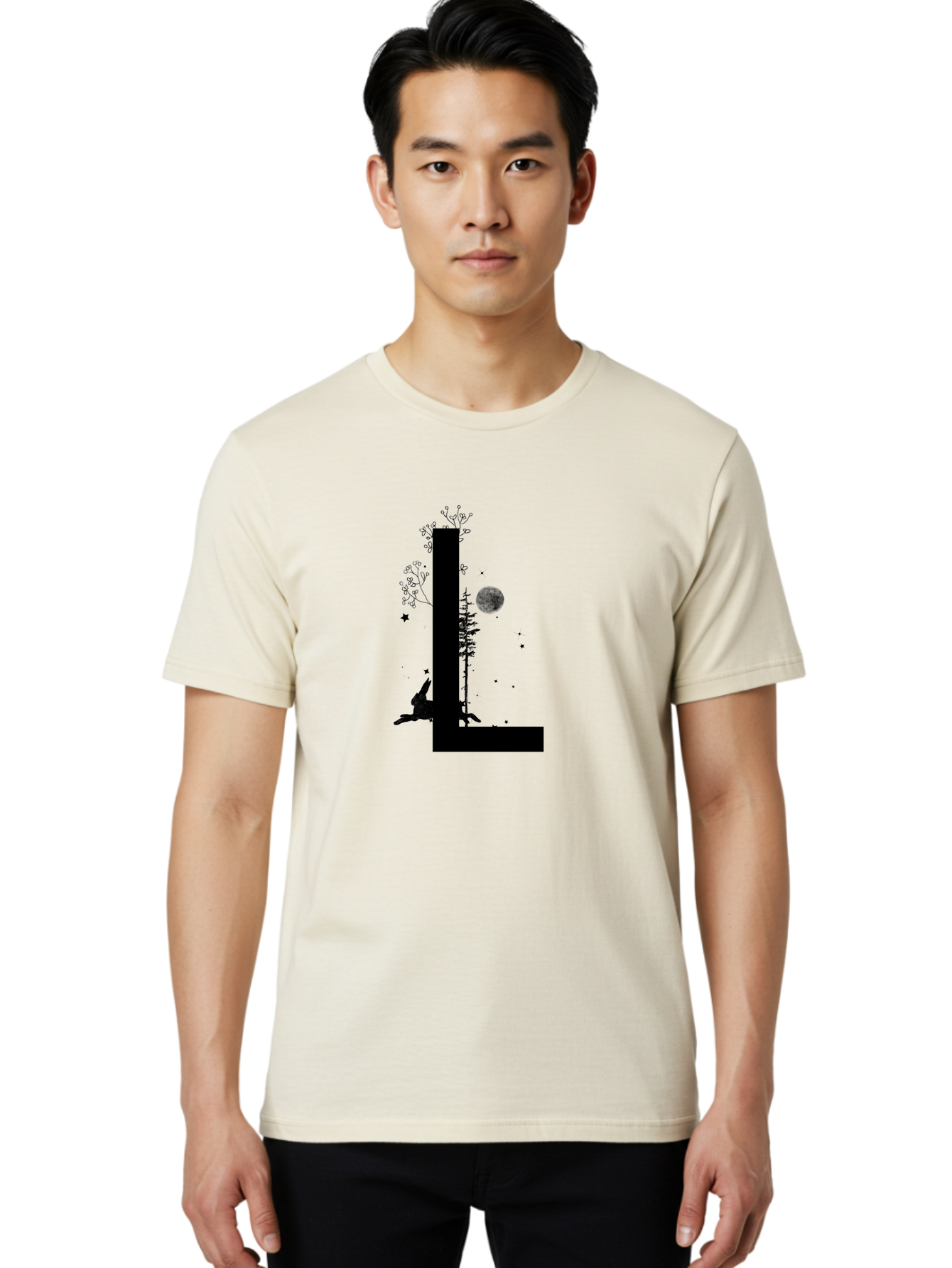 L Men'S Graphic Tee, 100% Cotton, Comfortable Casual Summer Wear, Machine Washable, Silhouette Of Letter L, Mystical Atmosphere, Nighttime Scenery, Full Moon, Stars, Flowers, Abstract Art, Dreamy Landscape, Magical Realism Aac330
