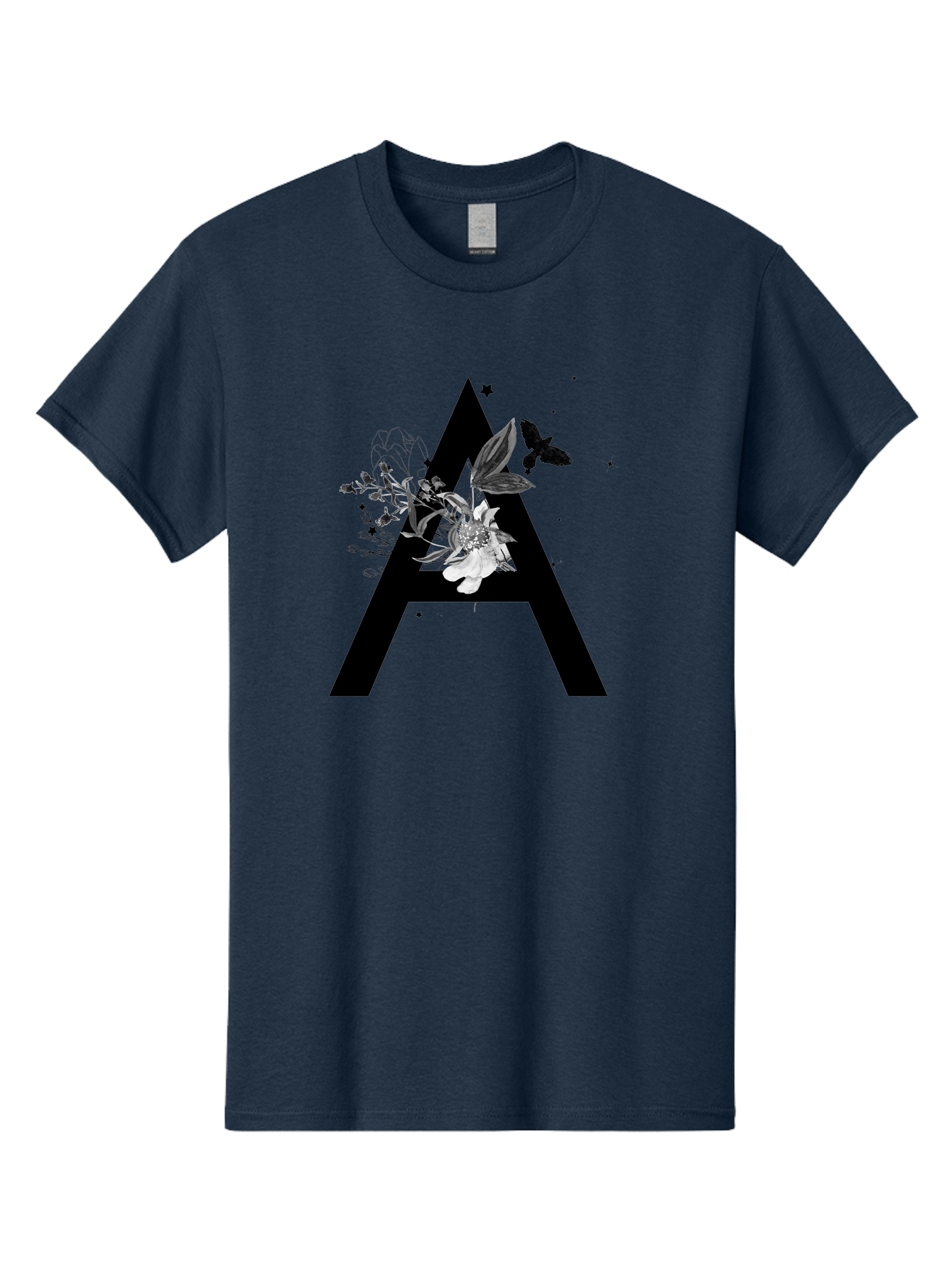 Letter-A Men'S Graphic Tee, 100% Cotton, Comfortable Casual Summer Wear, Machine Washable, Letter A, Floral Decor, Black Lettering, White Flowers, Dark Birds, Ink Splatters, Artistic Typography, Elegant Design, Modern Calligraphy Aac333