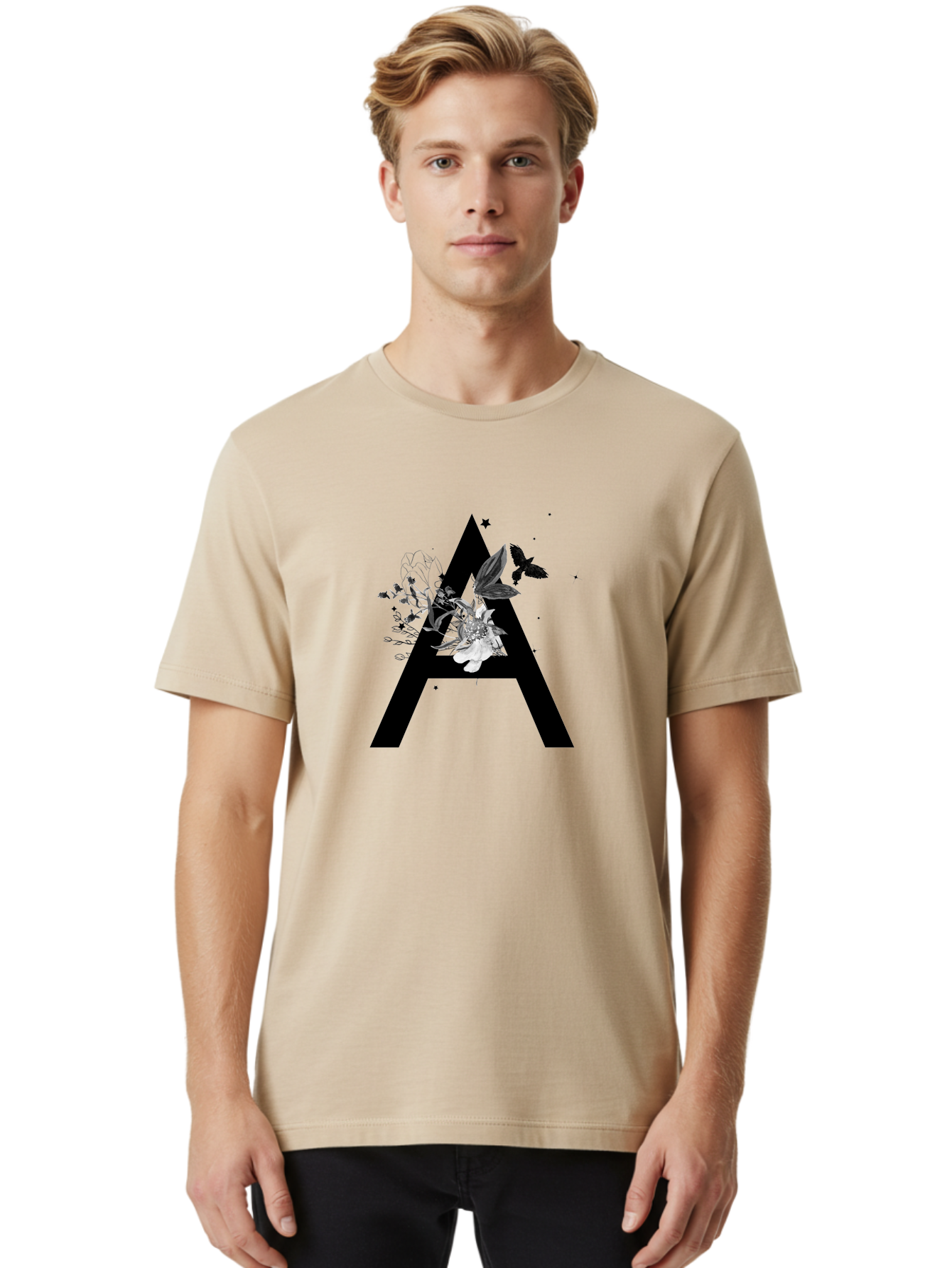 Letter-A Men'S Graphic Tee, 100% Cotton, Comfortable Casual Summer Wear, Machine Washable, Letter A, Floral Decor, Black Lettering, White Flowers, Dark Birds, Ink Splatters, Artistic Typography, Elegant Design, Modern Calligraphy Aac333