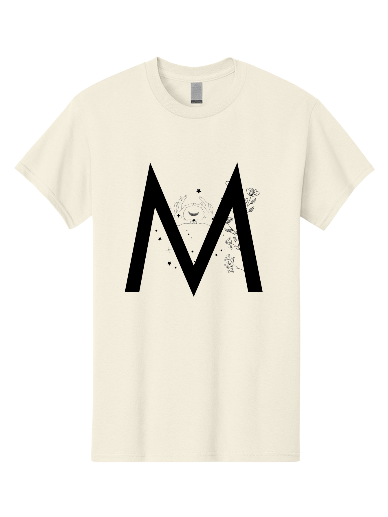 M Men'S Graphic Tee, 100% Cotton, Comfortable Casual Summer Wear, Machine Washable, Mystical M, Black Lettering, Stars, Flowers, Mystical Imagery, Spiritual Symbolism, Celestial Design, Bohemian Style, Modern Mysticism, Dreamy Atmosphere Aac335