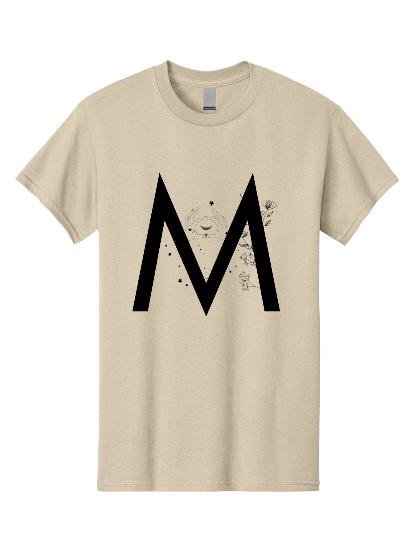 M Men'S Graphic Tee, 100% Cotton, Comfortable Casual Summer Wear, Machine Washable, Mystical M, Black Lettering, Stars, Flowers, Mystical Imagery, Spiritual Symbolism, Celestial Design, Bohemian Style, Modern Mysticism, Dreamy Atmosphere Aac335