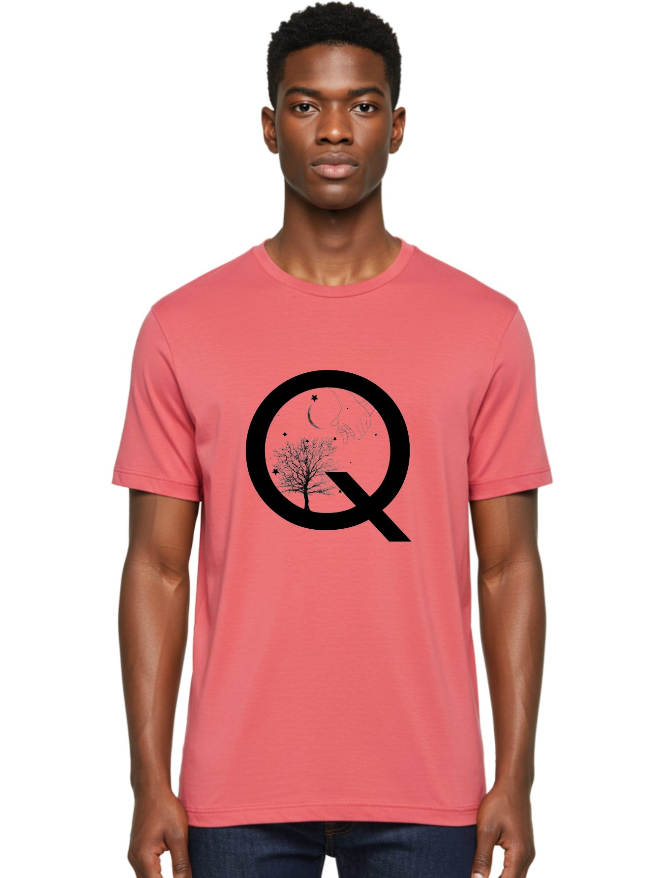 Magnifying-Glass Men'S Graphic Tee, 100% Cotton, Comfortable Casual Summer Wear, Machine Washable, Magnifying Glass, Hand Holding, Tree Silhouette, Crescent Moon And Stars, Astrology, Mysticism, Celestial Body, Botanical Elements Aac336