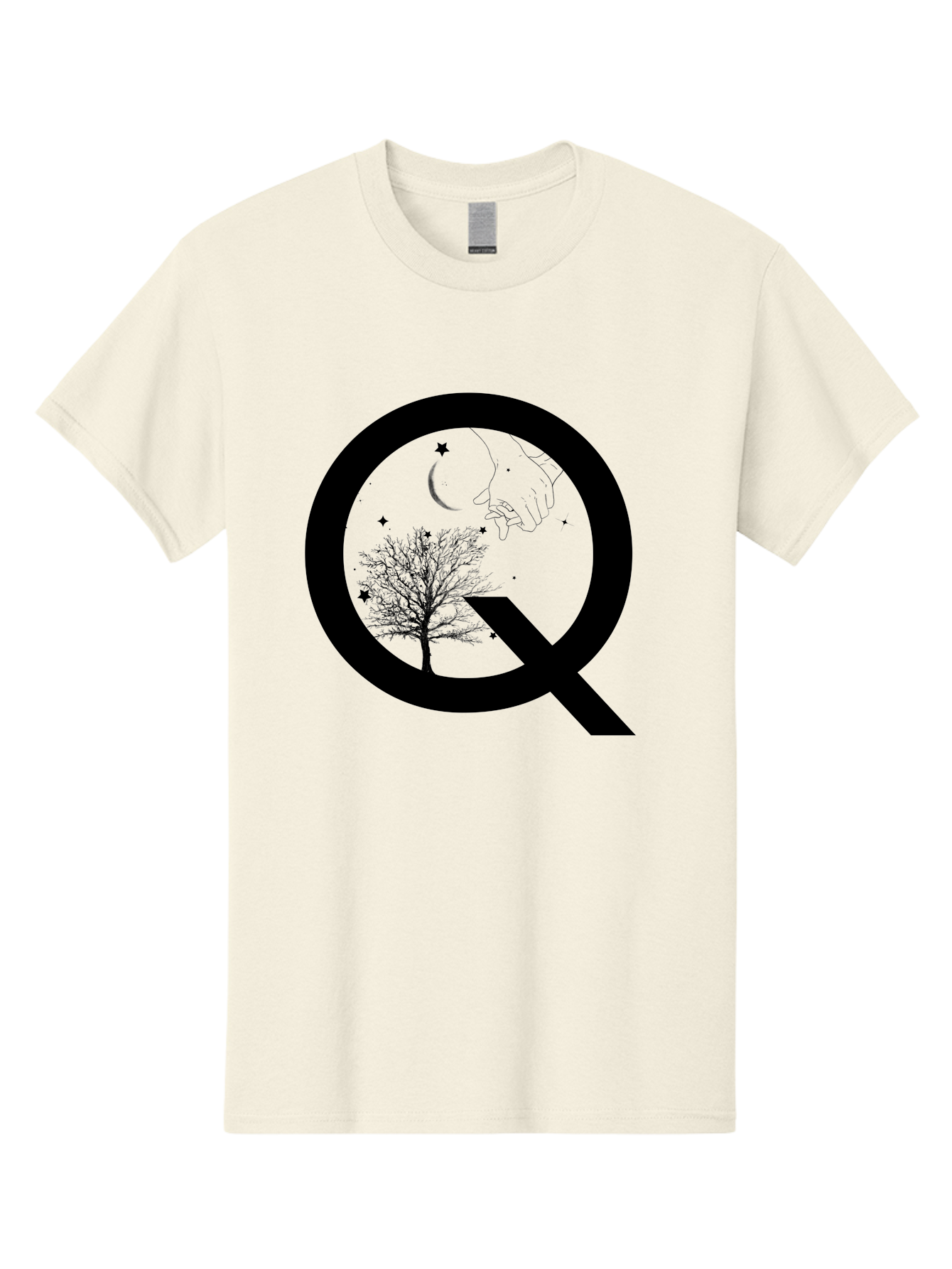 Magnifying-Glass Men'S Graphic Tee, 100% Cotton, Comfortable Casual Summer Wear, Machine Washable, Magnifying Glass, Hand Holding, Tree Silhouette, Crescent Moon And Stars, Astrology, Mysticism, Celestial Body, Botanical Elements Aac336