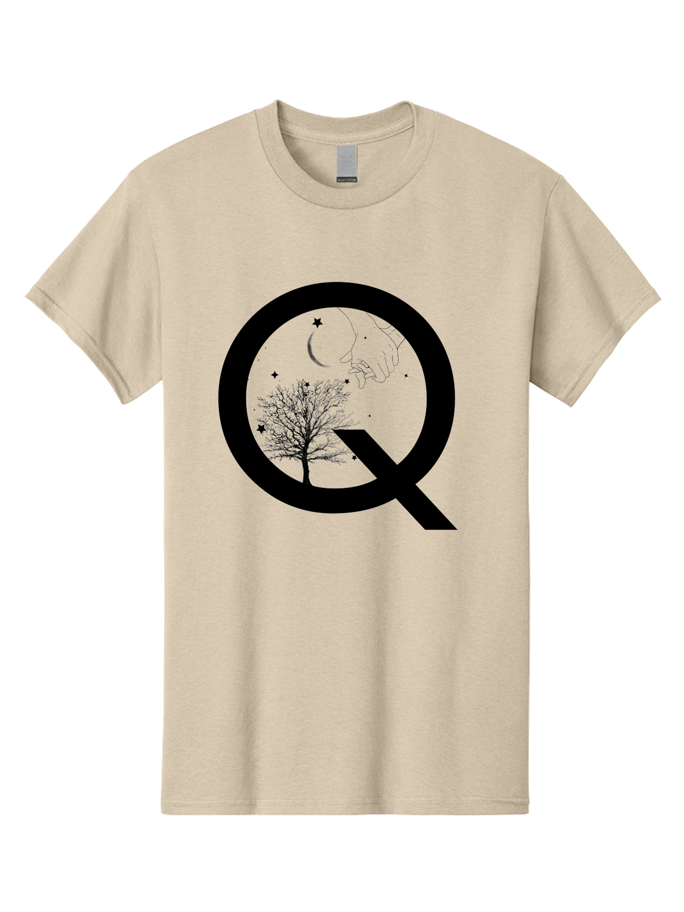 Magnifying-Glass Men'S Graphic Tee, 100% Cotton, Comfortable Casual Summer Wear, Machine Washable, Magnifying Glass, Hand Holding, Tree Silhouette, Crescent Moon And Stars, Astrology, Mysticism, Celestial Body, Botanical Elements Aac336