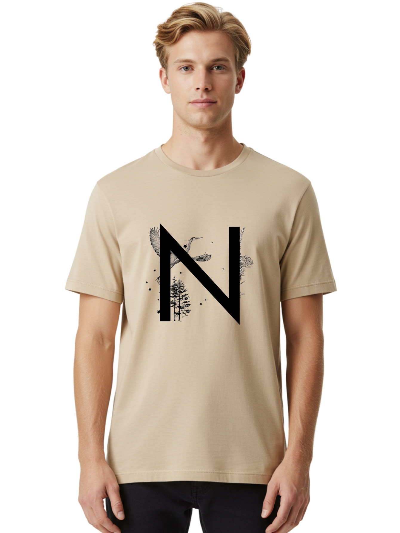 N Men'S Graphic Tee, 100% Cotton, Comfortable Casual Summer Wear, Machine Washable, Stylish N Letter, Logo Design, Nature Inspired, Black Lettering, Floral Elements, Birds In Flight, Stars, Trees, Foliage, Symbolism, Creative Typography Aac338