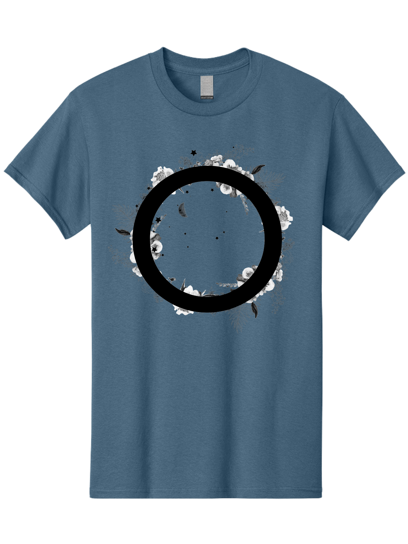 O Men'S Graphic Tee, 100% Cotton, Comfortable Casual Summer Wear, Machine Washable, Floral Wreath, Black Circle, Moon And Stars, White Flowers, Leaves And Foliage, Celestial Elements, Mystical Design Aac339
