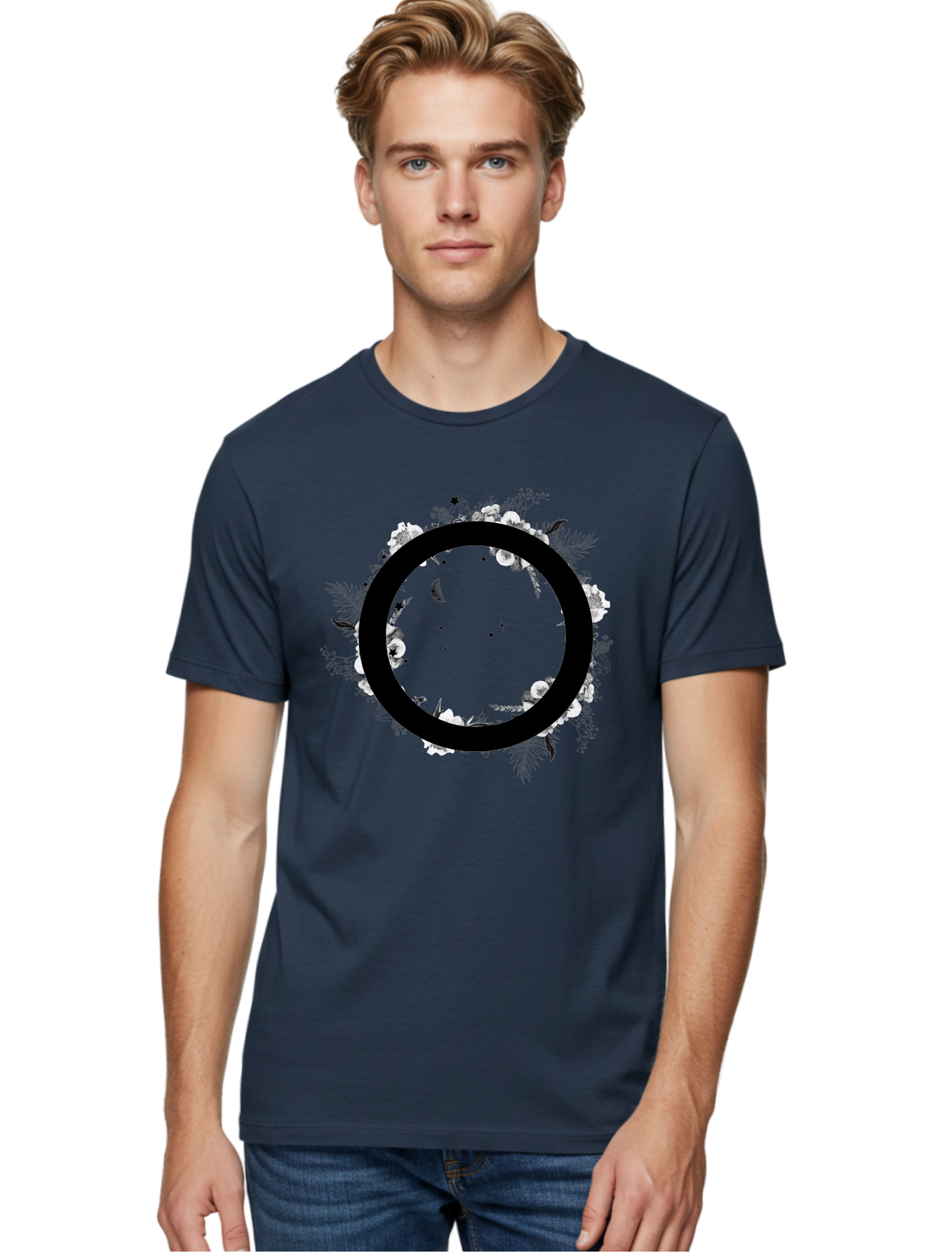 O Men'S Graphic Tee, 100% Cotton, Comfortable Casual Summer Wear, Machine Washable, Floral Wreath, Black Circle, Moon And Stars, White Flowers, Leaves And Foliage, Celestial Elements, Mystical Design Aac339