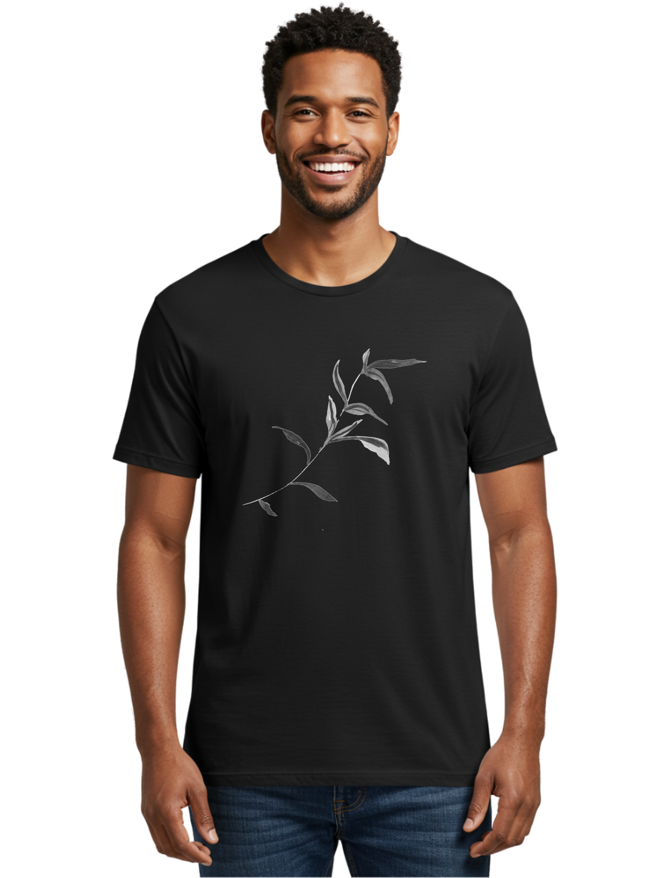 Olive-Branch Men'S Graphic Tee, 100% Cotton, Comfortable Casual Summer Wear, Machine Washable, Black And White Leaves, Foliage, Botanical Illustration, Leafy Branch, Simple Design, Minimalist Art, Plant Graphics Aac340