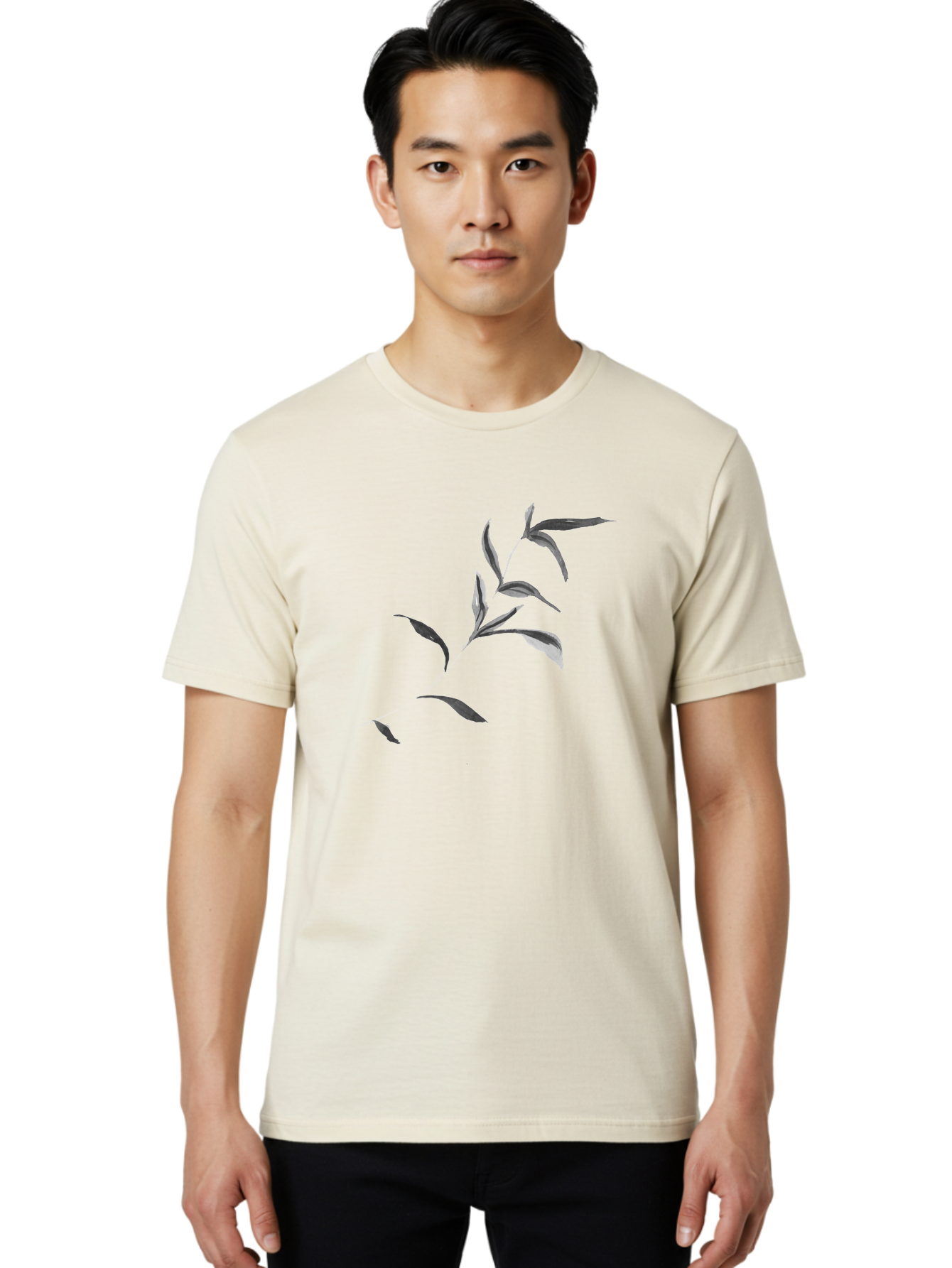 Olive-Branch Men'S Graphic Tee, 100% Cotton, Comfortable Casual Summer Wear, Machine Washable, Black And White Leaves, Foliage, Botanical Illustration, Leafy Branch, Simple Design, Minimalist Art, Plant Graphics Aac340
