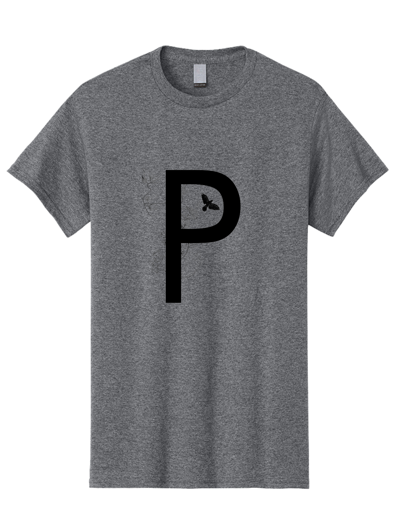 P Men'S Graphic Tee, 100% Cotton, Comfortable Casual Summer Wear, Machine Washable, Large Letter P, Botanical Elements, Butterflies, Floral Design, Minimalist Illustration, Black And Green Color Scheme, Simple Graphics, Typography Aac341