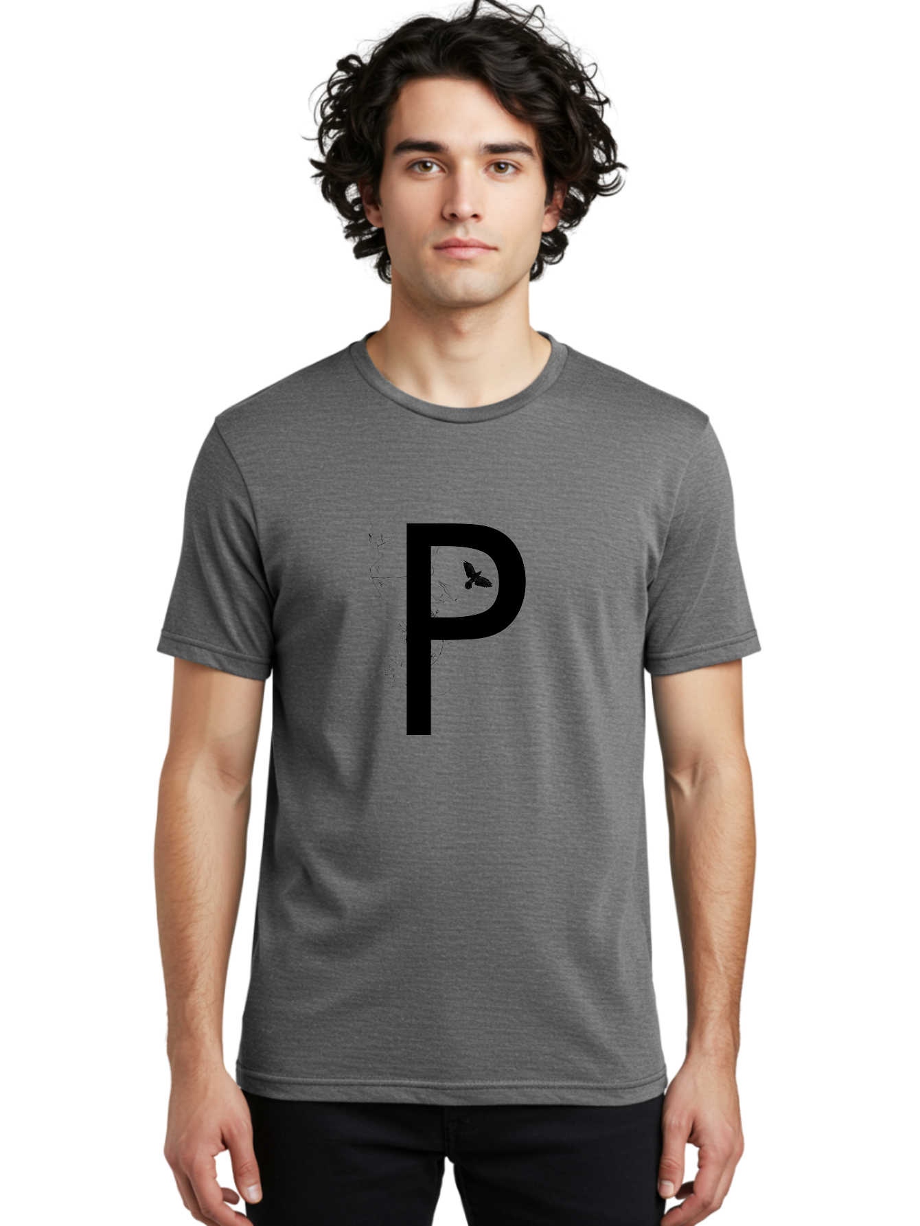 P Men'S Graphic Tee, 100% Cotton, Comfortable Casual Summer Wear, Machine Washable, Large Letter P, Botanical Elements, Butterflies, Floral Design, Minimalist Illustration, Black And Green Color Scheme, Simple Graphics, Typography Aac341