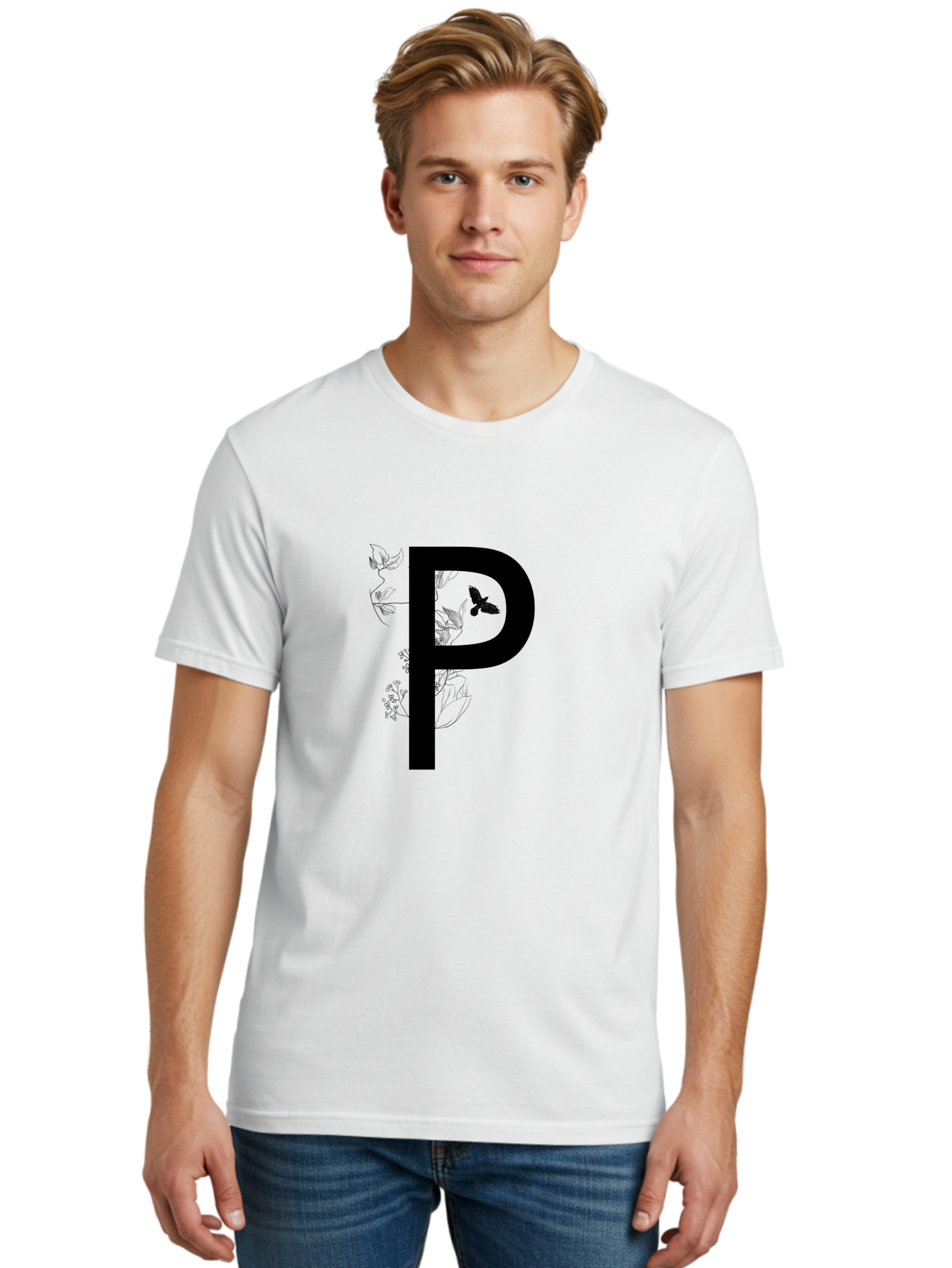 P Men'S Graphic Tee, 100% Cotton, Comfortable Casual Summer Wear, Machine Washable, Large Letter P, Botanical Elements, Butterflies, Floral Design, Minimalist Illustration, Black And Green Color Scheme, Simple Graphics, Typography Aac341