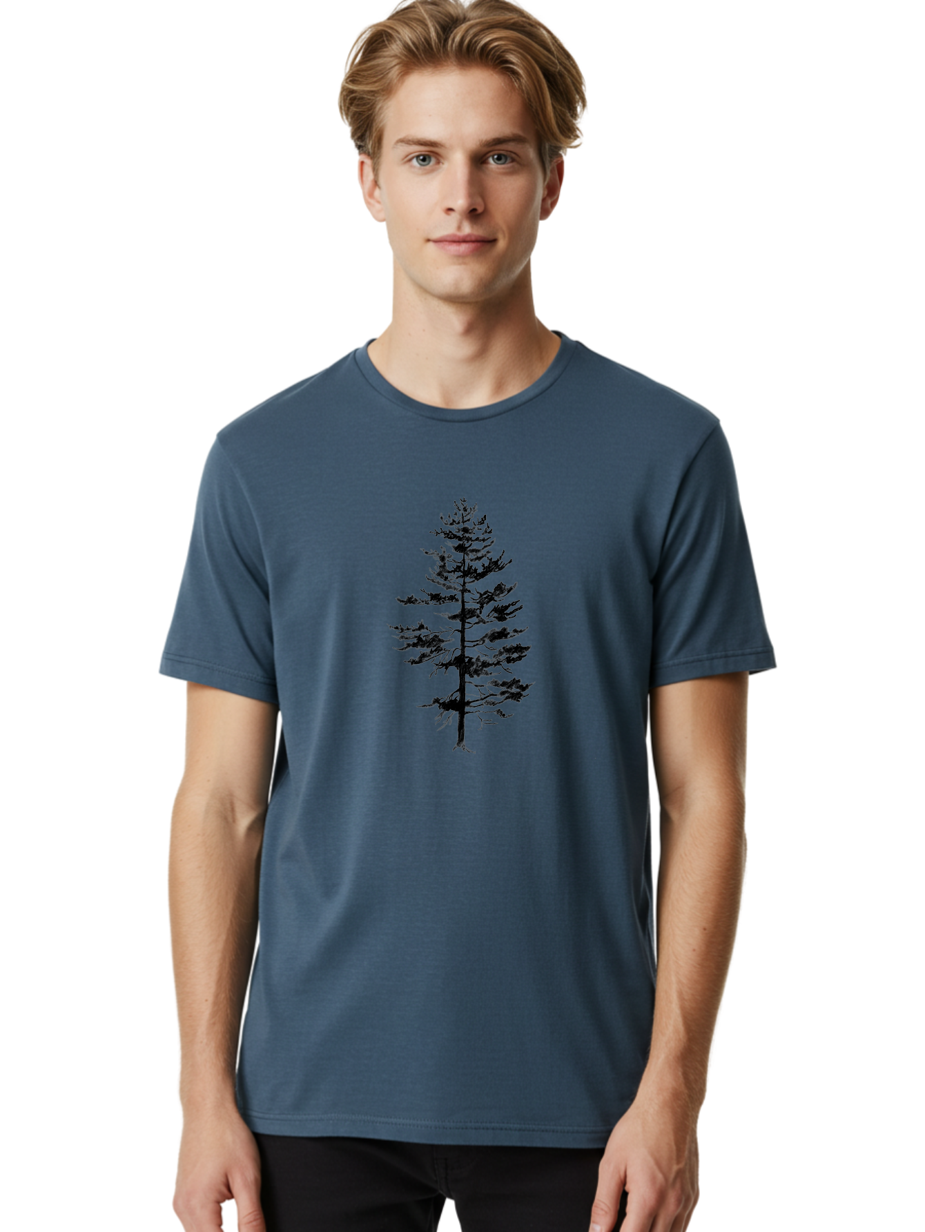 Pine-Tree-Silhouette Men'S Graphic Tee, 100% Cotton, Comfortable Casual Summer Wear, Machine Washable, Pine Tree Silhouette, Evergreen Tree, Tree Branches, Minimalist Design, Simple Graphics, Nature-Inspired Art, Graphic Design Elements, Aac344