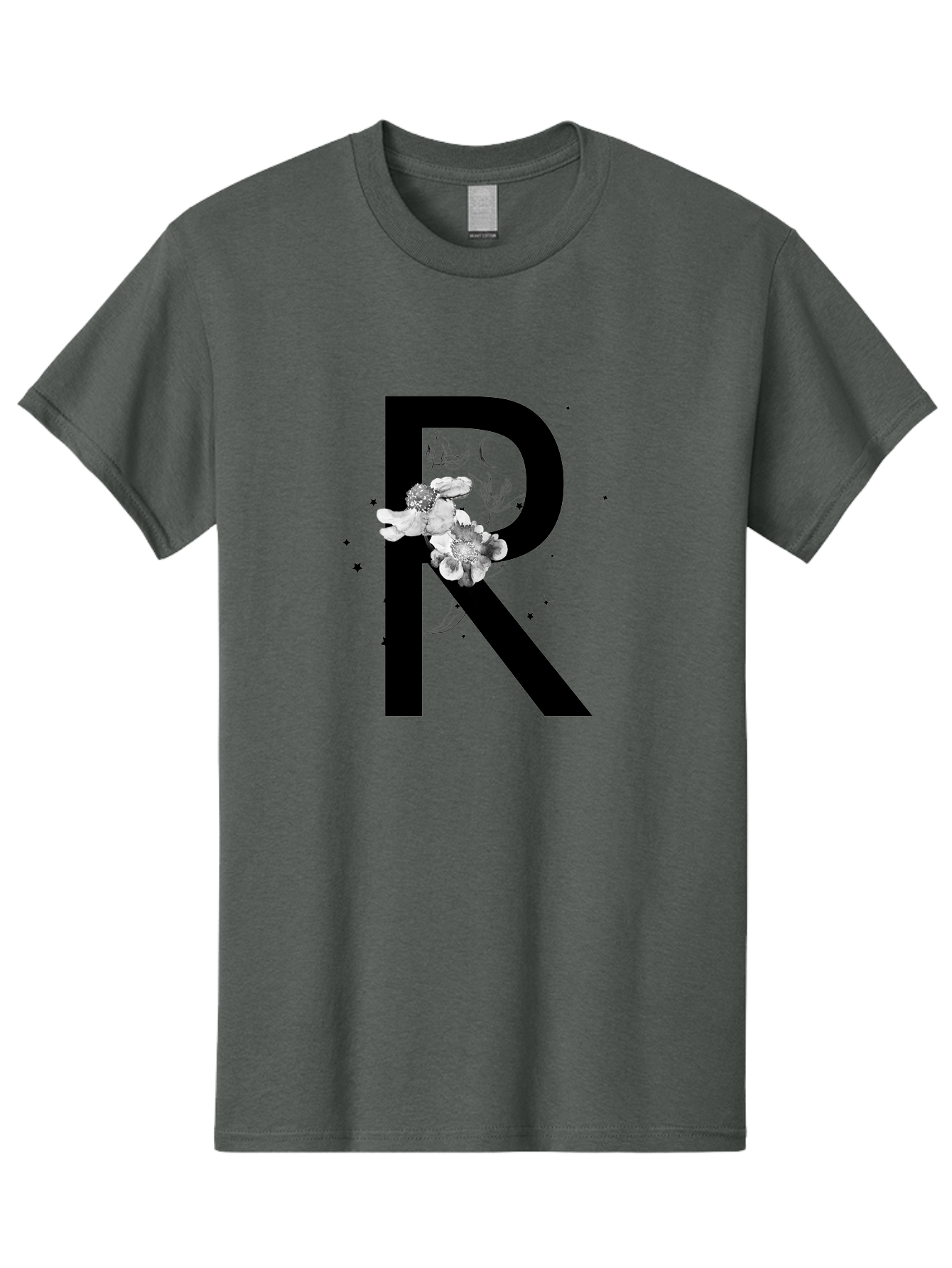 R Men'S Graphic Tee, 100% Cotton, Comfortable Casual Summer Wear, Machine Washable, Black Letter R, Floral Design, White Flowers, Botanical Elements, Moon Phase, Stars, Elegant Typography, Decorative Art, Lettering, Feminine Touch, Aac345