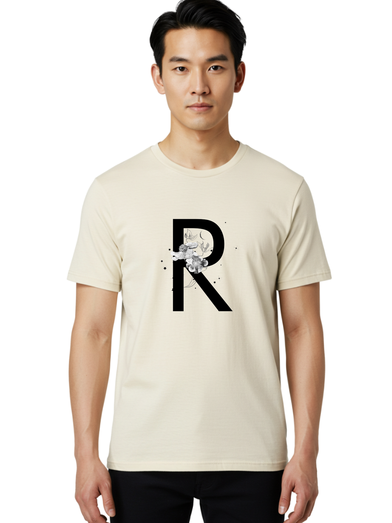 R Men'S Graphic Tee, 100% Cotton, Comfortable Casual Summer Wear, Machine Washable, Black Letter R, Floral Design, White Flowers, Botanical Elements, Moon Phase, Stars, Elegant Typography, Decorative Art, Lettering, Feminine Touch, Aac345