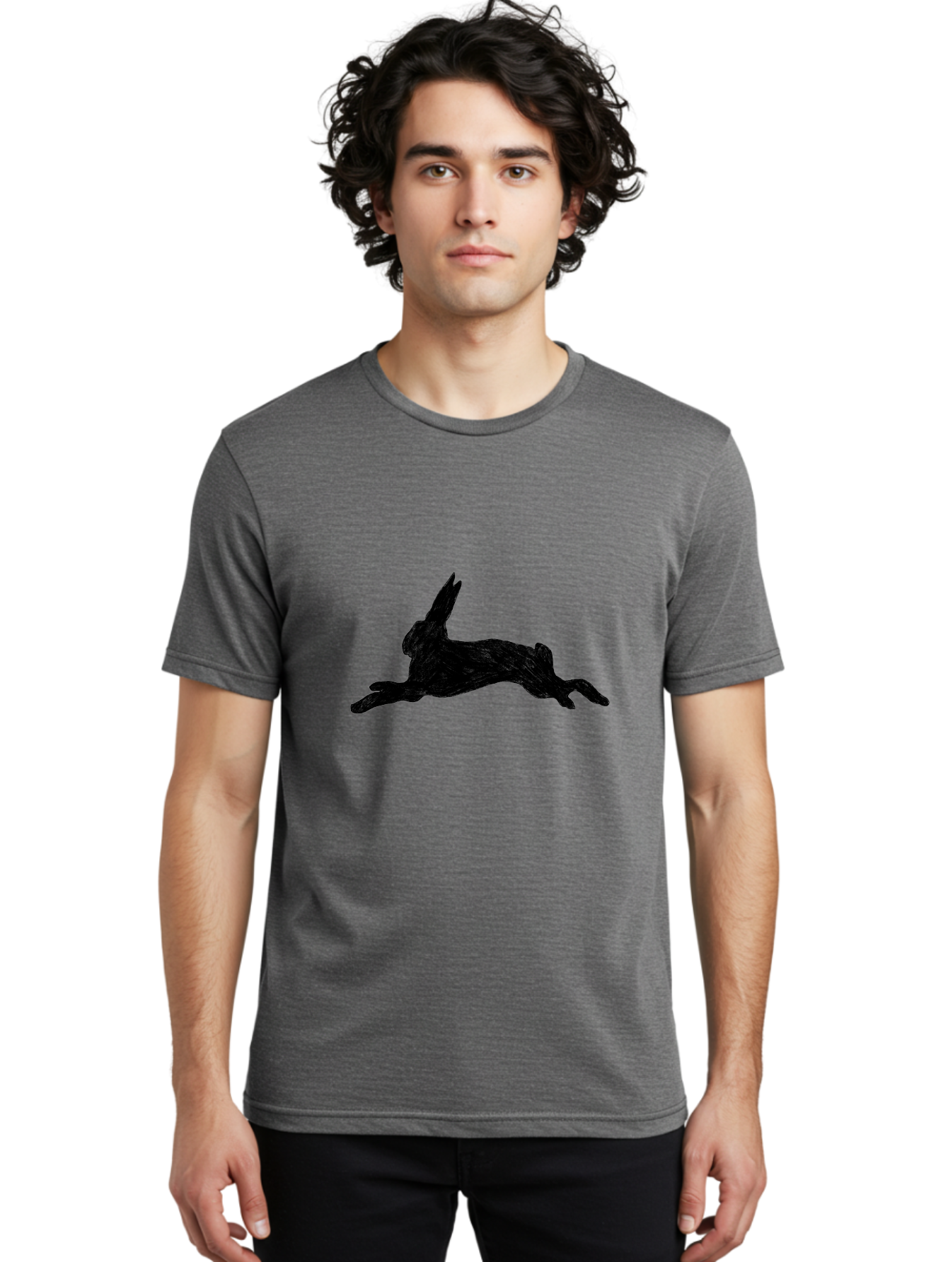 Running-Rabbit Men'S Graphic Tee, 100% Cotton, Comfortable Casual Summer Wear, Machine Washable, Leaping Rabbit, Dynamic Pose, Energetic Movement, Black Silhouette, Simple Design, Minimalist Art, Wildlife Silhouette Aac347