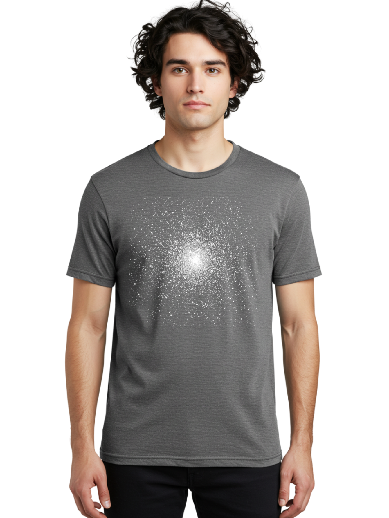 Star-Burst Men'S Graphic Tee, 100% Cotton, Comfortable Casual Summer Wear, Machine Washable, White Speckles, Burst Effect, Abstract Design, Light Particles, Glowing Center, Visual Effect, Motion Blur, Sparkling Dots Aac352
