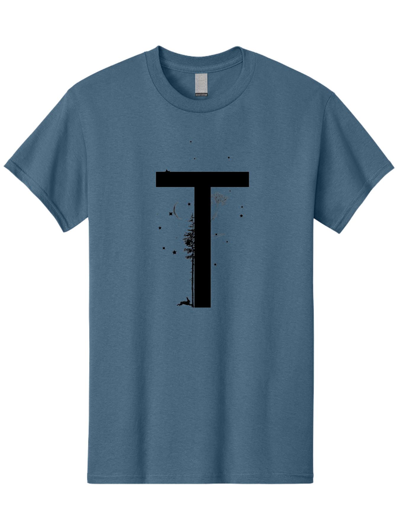 T Men'S Graphic Tee, 100% Cotton, Comfortable Casual Summer Wear, Machine Washable, Typographic Illustration, Letter T, Nature-Inspired Design, Trees, Dandelion, Stars, Moon, Wildlife, Deer, Creative Typography, Fantasy Elements, Aac353