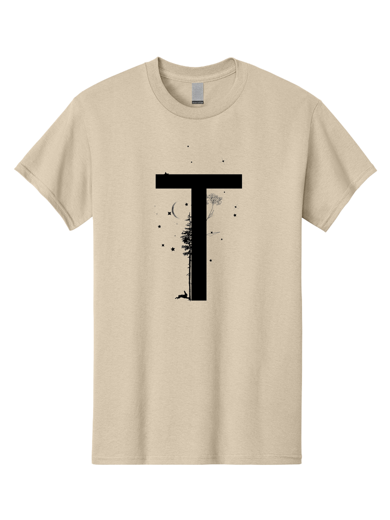 T Men'S Graphic Tee, 100% Cotton, Comfortable Casual Summer Wear, Machine Washable, Typographic Illustration, Letter T, Nature-Inspired Design, Trees, Dandelion, Stars, Moon, Wildlife, Deer, Creative Typography, Fantasy Elements, Aac353
