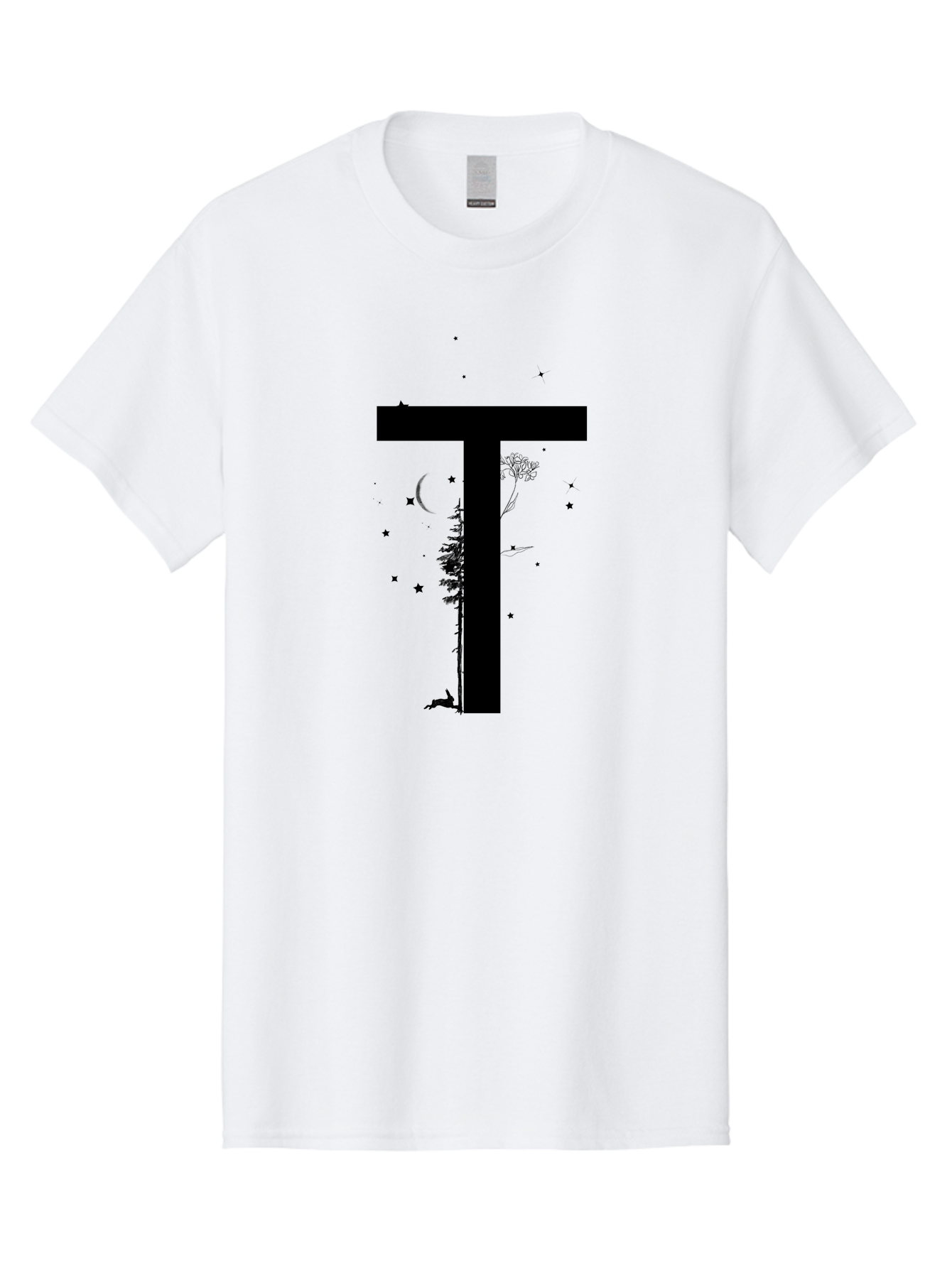 T Men'S Graphic Tee, 100% Cotton, Comfortable Casual Summer Wear, Machine Washable, Typographic Illustration, Letter T, Nature-Inspired Design, Trees, Dandelion, Stars, Moon, Wildlife, Deer, Creative Typography, Fantasy Elements, Aac353