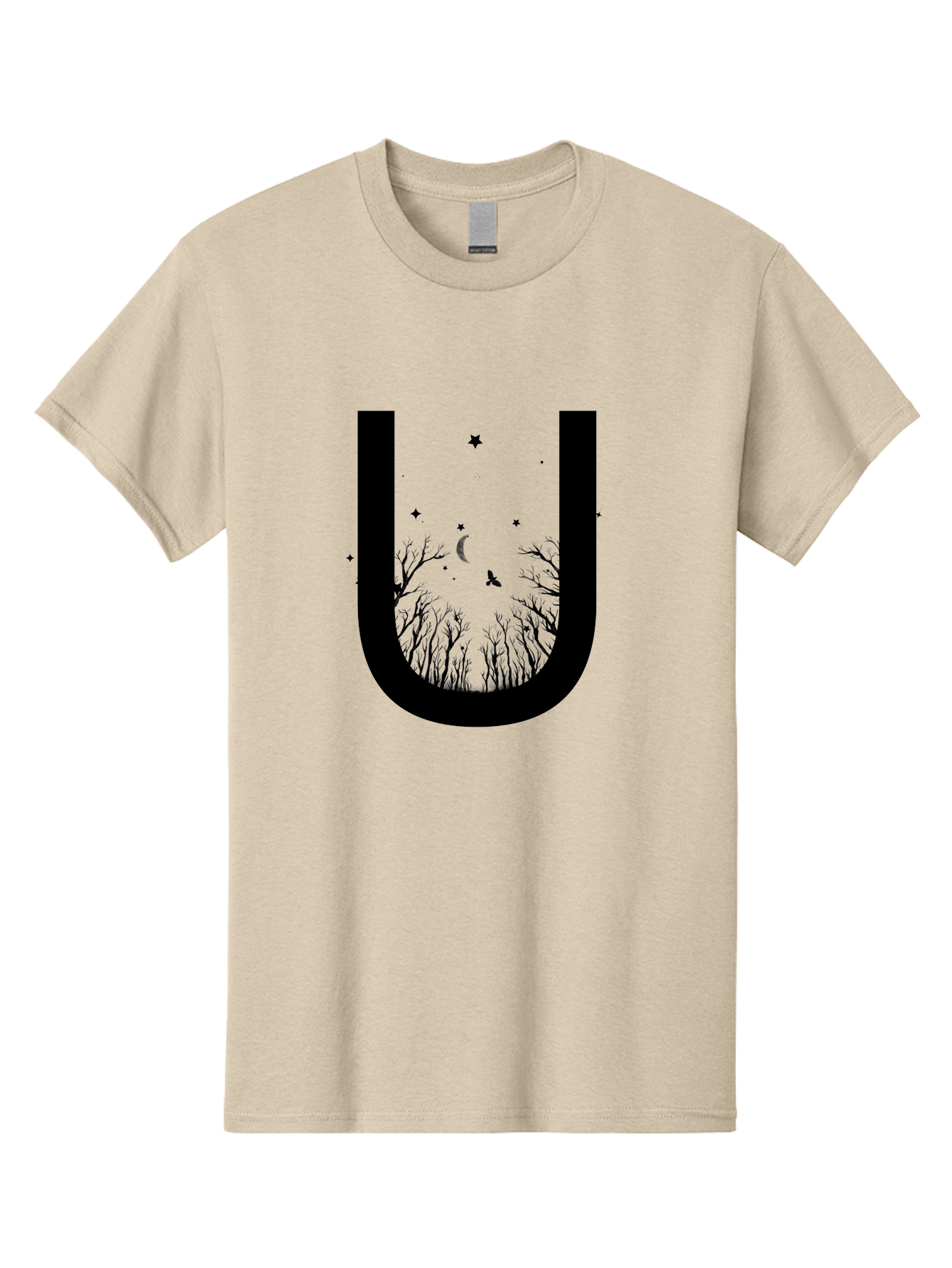 U Men'S Graphic Tee, 100% Cotton, Comfortable Casual Summer Wear, Machine Washable, Mystical Forest, Silhouette Of Trees, Crescent Moon, Starry Night Sky, Bats Flying, Magical Atmosphere, Whimsical Design, Nocturnal Scene Aac358