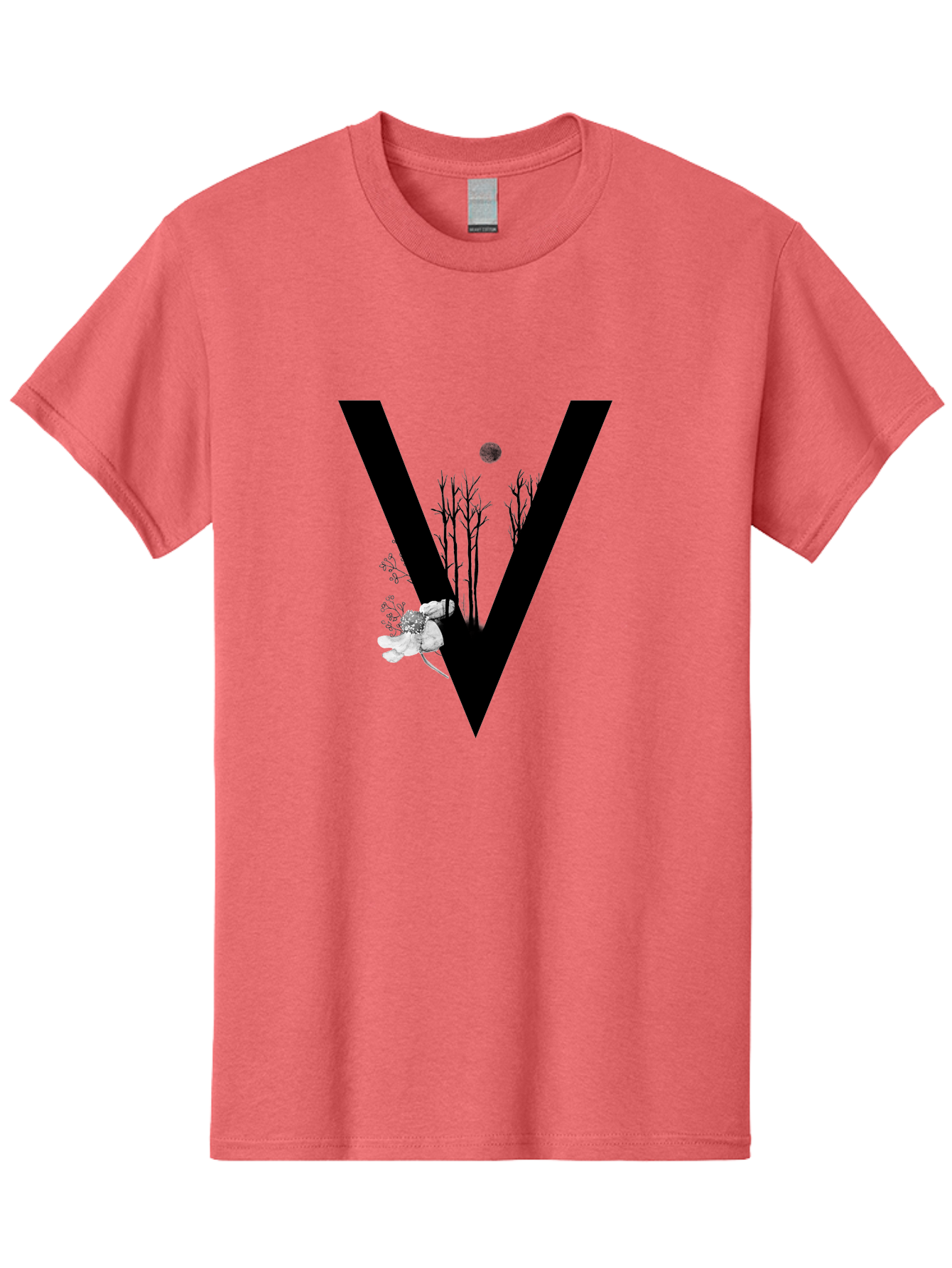 V Men'S Graphic Tee, 100% Cotton, Comfortable Casual Summer Wear, Machine Washable, Letter V, Floral Illustrations, Tree Branches, White Flowers, Dark Silhouette, Moon, Mystical Artwork, Surreal Design, Typography Art Aac359
