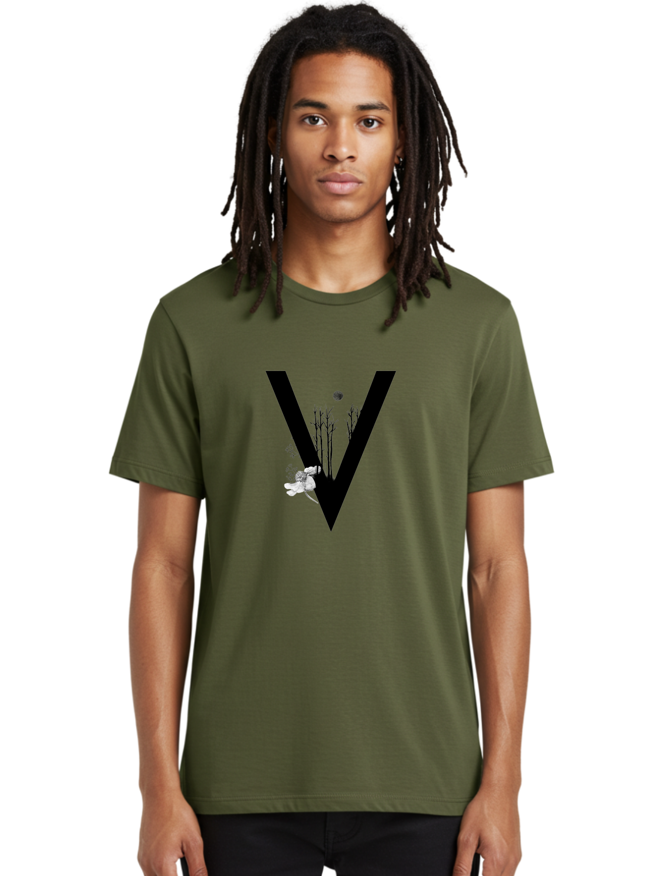 V Men'S Graphic Tee, 100% Cotton, Comfortable Casual Summer Wear, Machine Washable, Letter V, Floral Illustrations, Tree Branches, White Flowers, Dark Silhouette, Moon, Mystical Artwork, Surreal Design, Typography Art Aac359