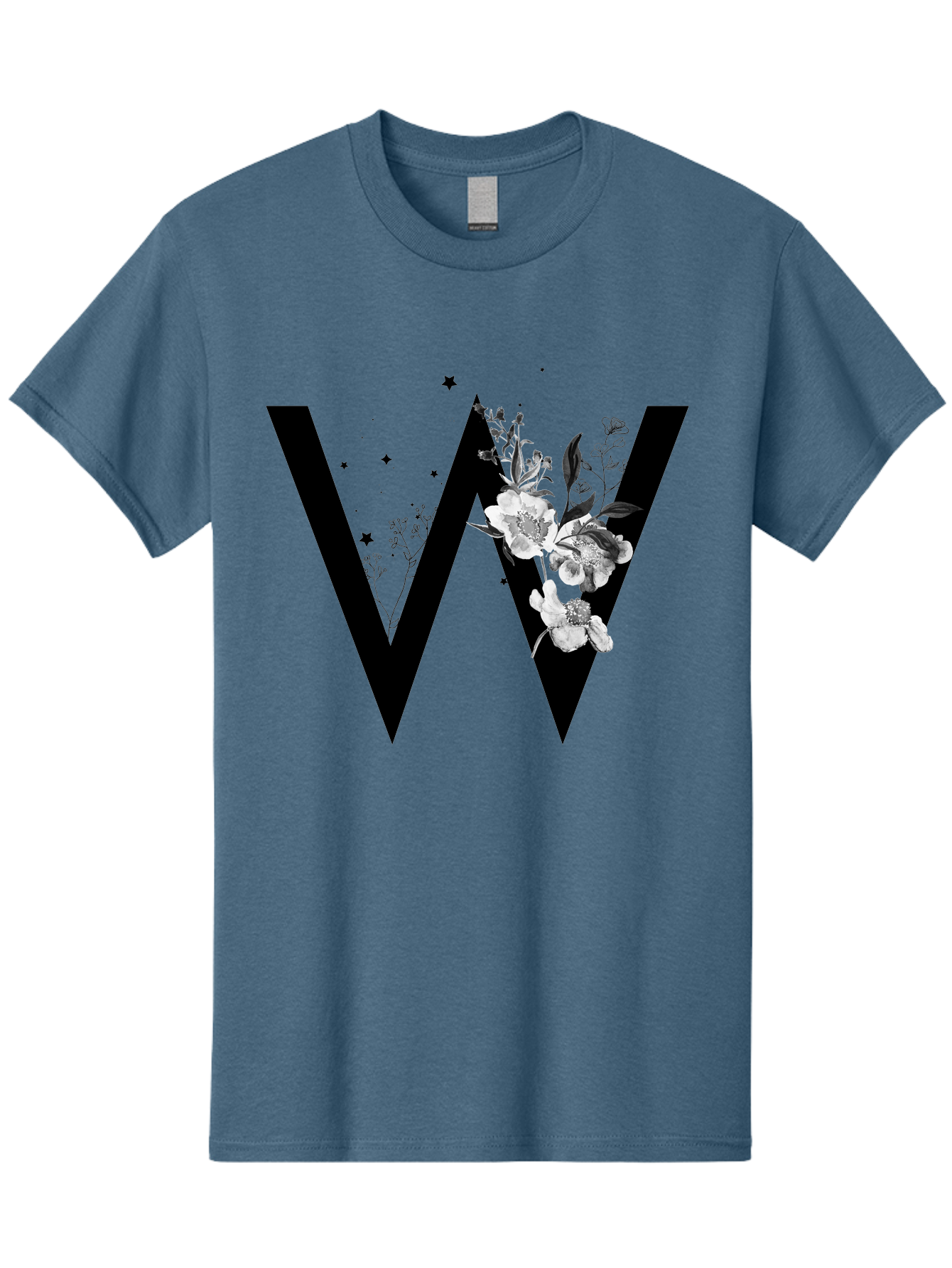 W Men'S Graphic Tee, 100% Cotton, Comfortable Casual Summer Wear, Machine Washable, Floral Letter W, Black And White Flowers, Elegant Design, Floral Theme, Typography, Artistic Lettering, Decorative Alphabet, Flowers And Stars Aac360