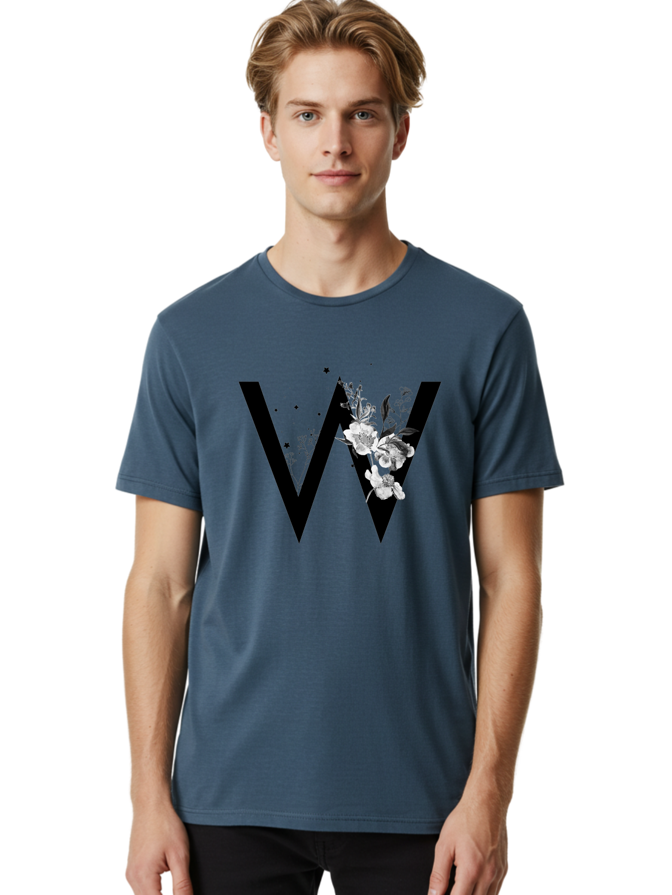 W Men'S Graphic Tee, 100% Cotton, Comfortable Casual Summer Wear, Machine Washable, Floral Letter W, Black And White Flowers, Elegant Design, Floral Theme, Typography, Artistic Lettering, Decorative Alphabet, Flowers And Stars Aac360