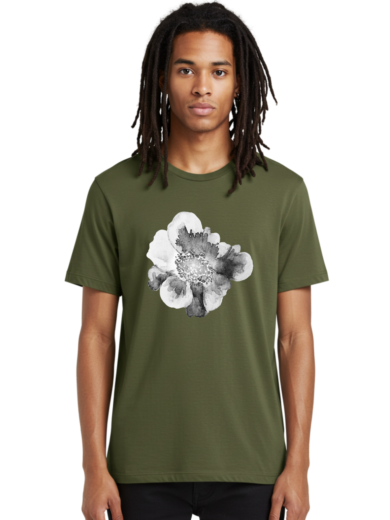Watercolor-Flower Men'S Graphic Tee, 100% Cotton, Comfortable Casual Summer Wear, Machine Washable, Watercolor Flower, Black And White Petals, Delicate Artwork, Floral Design, Artistic Expression, Elegant Simplicity, Minimalist Style, Aac361