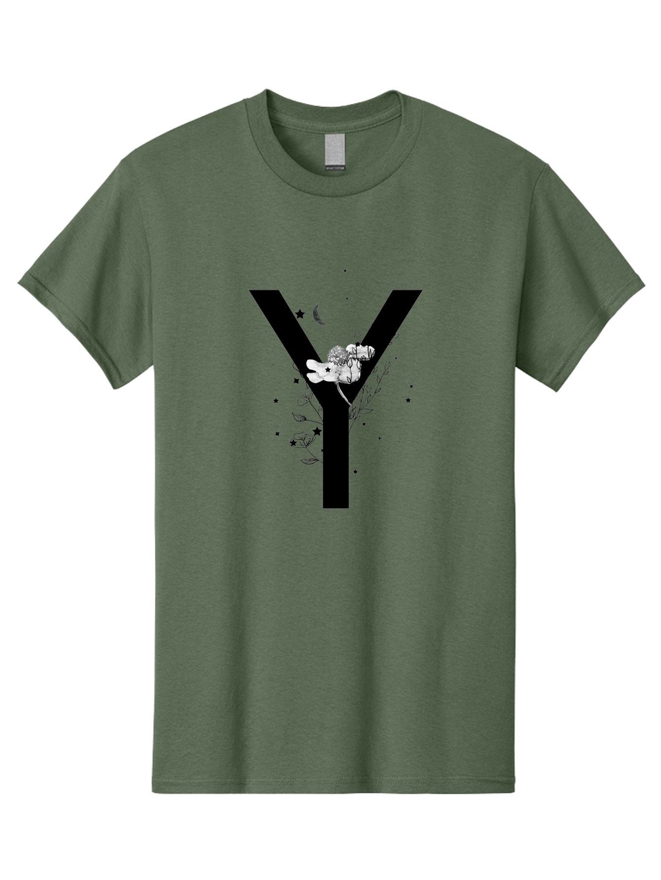 Y Men'S Graphic Tee, 100% Cotton, Comfortable Casual Summer Wear, Machine Washable, Letter Y, Floral Design, Black And White, Mystical Vibes, Celestial Theme, Flowers, Stars, Moon, Elegant Typography, Symbolic Art Aac366